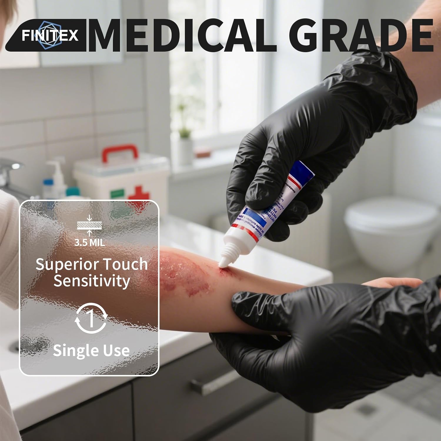 FINITEX Nitrile Disposable Black Gloves - 3.5mil Powder-Free Latex-Free Cleaning Cooking Food Prep Gloves of 60/180