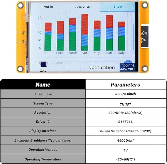 4.0インチ 320x480 タッチスクリーン ESP32-32E ESP32ディスプレイ WiFi+BT付き ST7796S ドライバー LCD TFT スクリーンモジュール Arduino IoT用