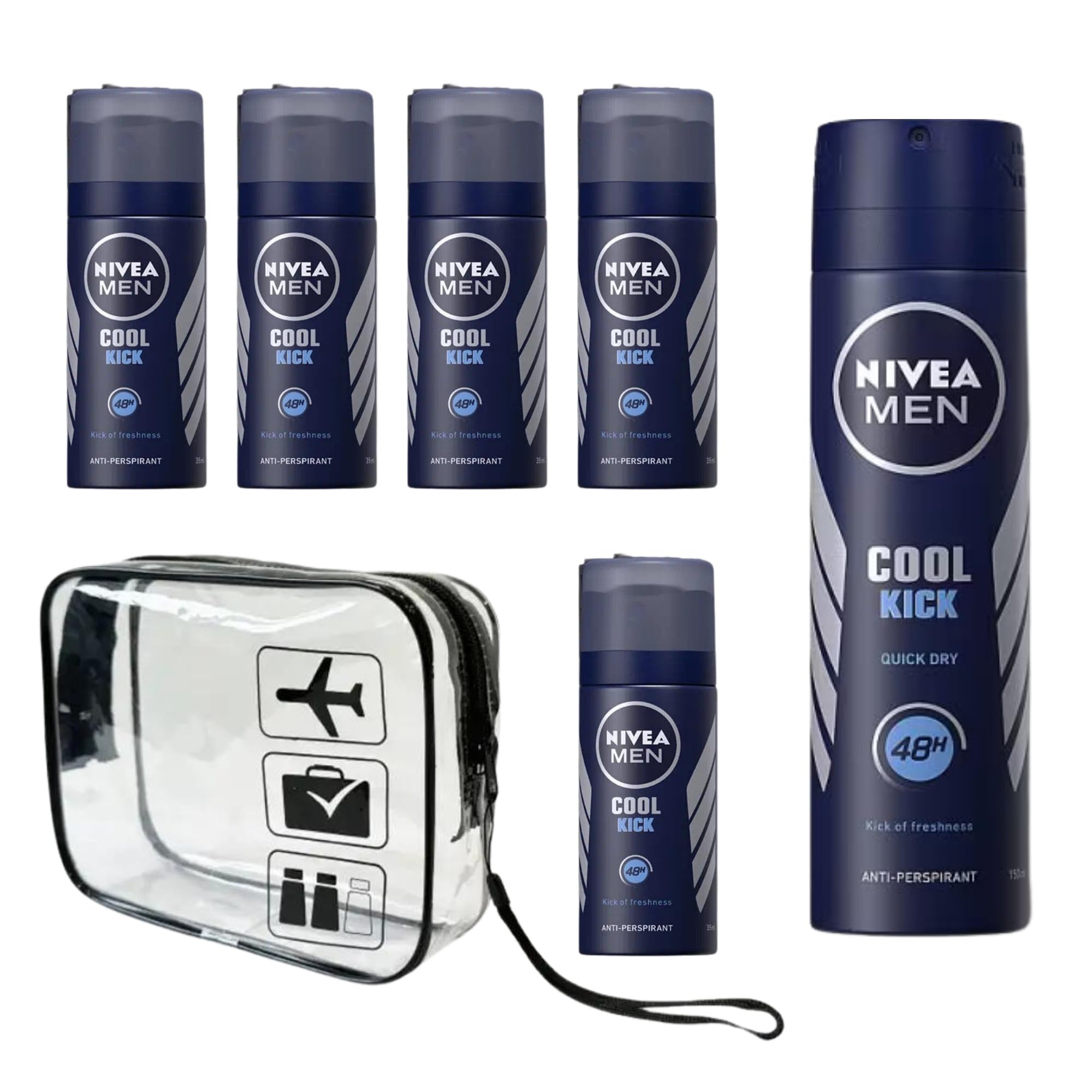 Travel Size Deodorant for Men Antiperspirant Bundle with 5 x N. Cool Kick Travel Size (35 ml), 1 x Cool Kick Mens Deodorant (150 ml) and 1 x Hubsidia Clear Travel Bag Airport Approved