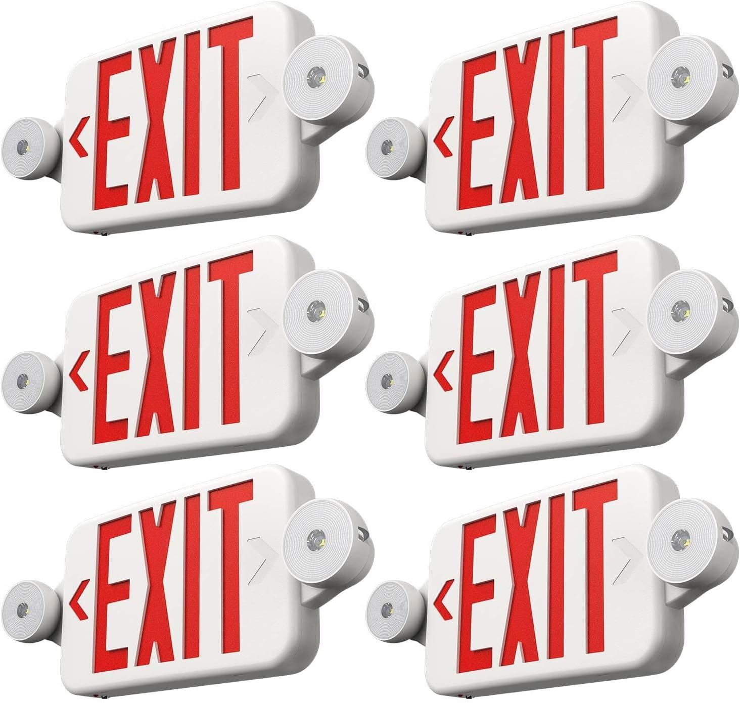 FREELICHT 6 Pack Red Exit Signs with Emergency Lights, Two LED Adjustable Head Emergency Exit Light with Battery Backup,Hard Wired,UL Listed, AC 120/277V,Exit Sign Combo for Business