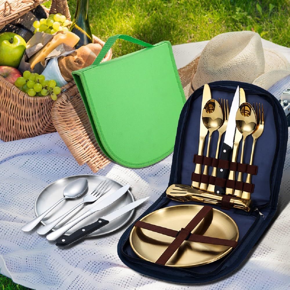 Set di posate da campeggio da 10 pezzi in acciaio inox con coltello, forchetta, cucchiaio + piatto – pieghevole per barbecue, picnic e viaggi (confezione da 20 pezzi Peso singolo: 1,6 kg, misura