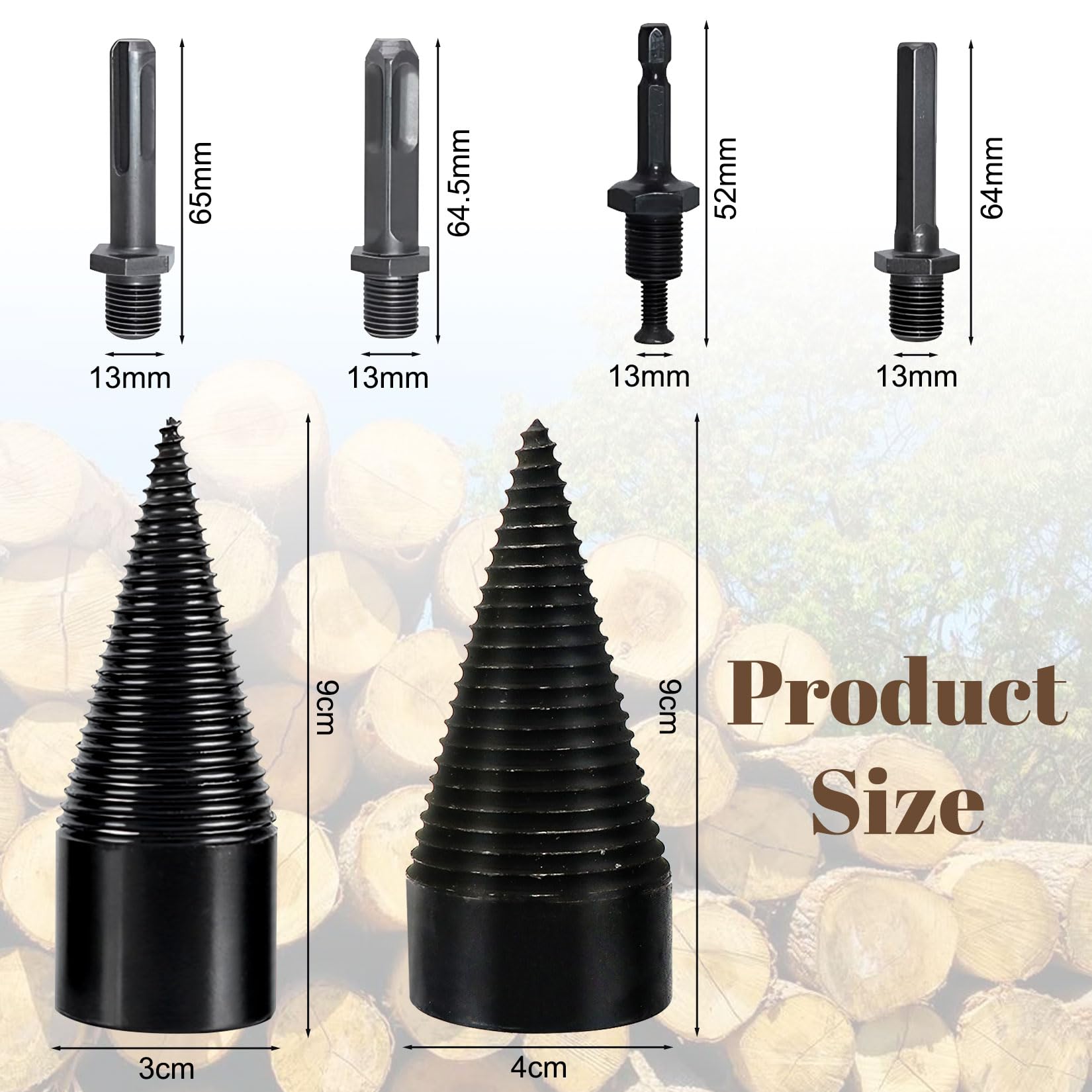 Herbst - Set di 2 spaccalegna a vite coniche con 4 manici da 42 mm + 32 mm, cono per spaccalegna per legno