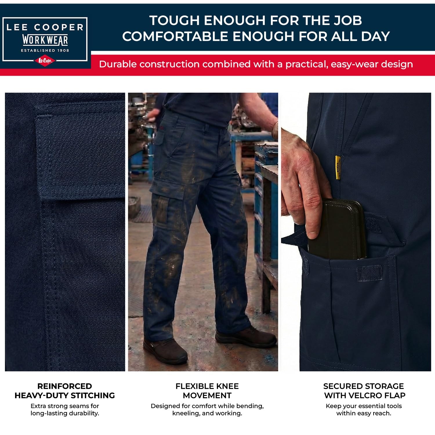Lee Cooper Męskie klasyczne spodnie robocze cargo z wieloma kieszeniami łatwe w pielęgnacji spodnie ochronne