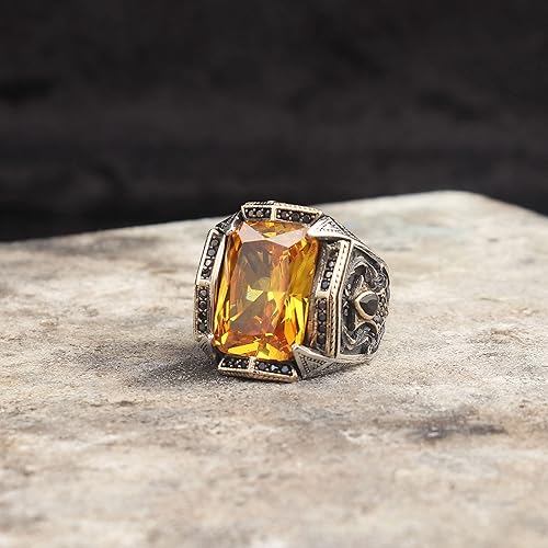 Miniatura 4 de 925 Sterling Silver Citrine Stone Men Silver Ring, Citrine Stone Men's Ring, Handmade Engraved Men's Silver Ring, Turkish Silver Ring