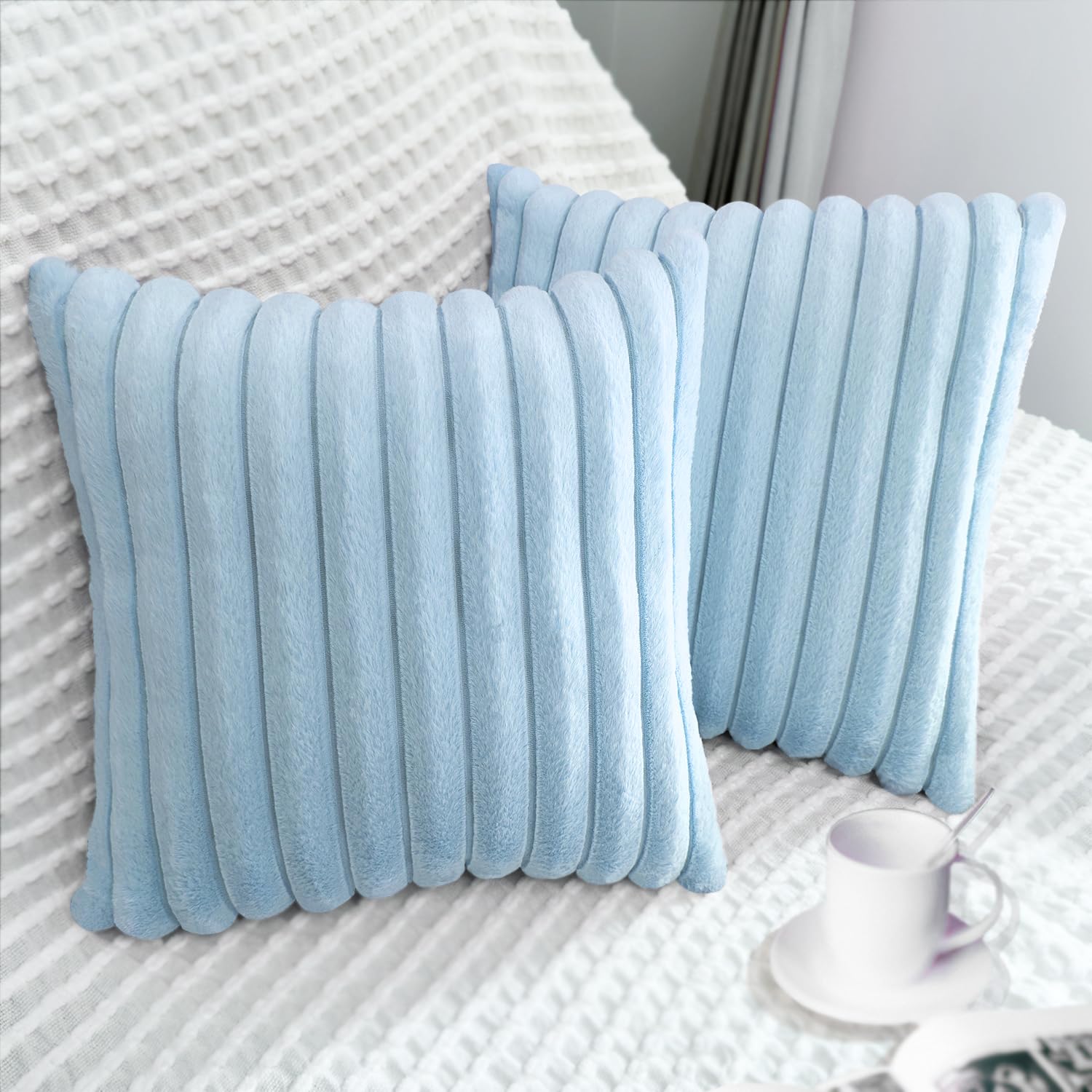 Photo 1 of 2 Pack 18x18 Pillow Cover Velvet Pillow Covers, Faux Fur Square Throw Pillow Covers for Living Room Decorations Throw Pillow Case, Throw Pillow Cover Cushion Cover for Sofa Bedroom Car, Light Blue