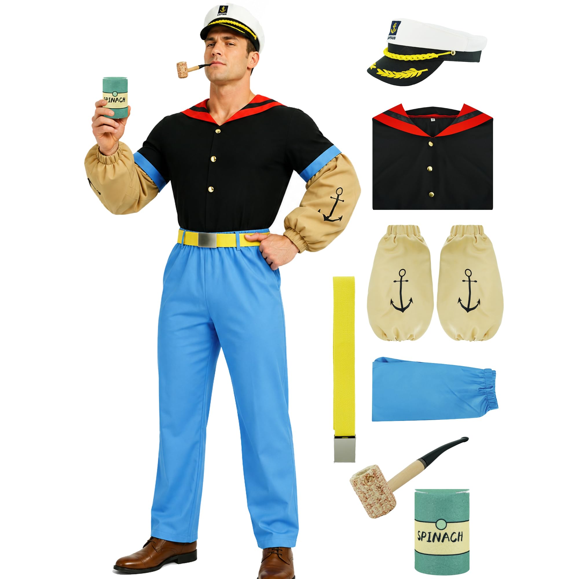 AYYOHON Popeye Costume Men 7pcs Cartoon Sailor Outfits Halloween Cosplay Sailor Shirt Pants Belt Captain Hat Pipe Can Sleeve S