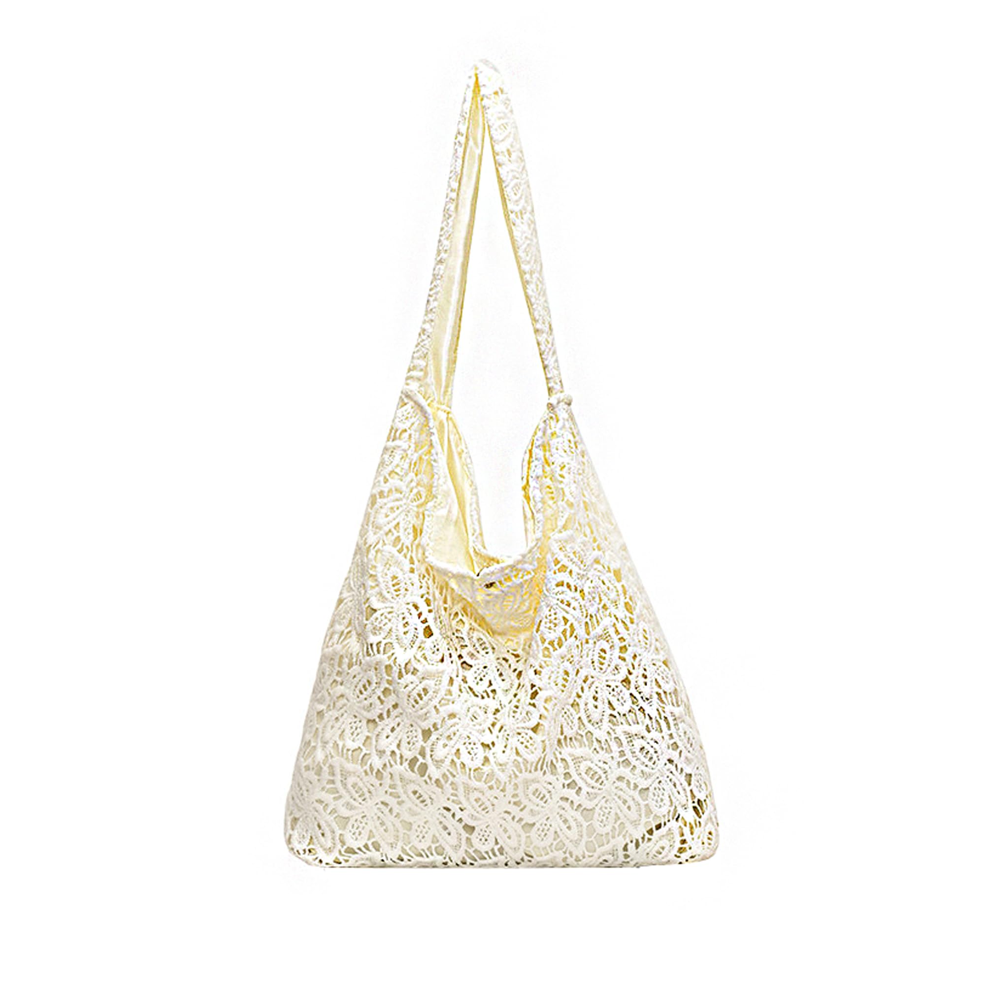 WYSJYBHJ Crochet Tote Bag, White, Unisex, Beach, 16.9 inches (W) x 14.9 inches (H), Cotton, PU Trim, Lace Shoulder Bag
