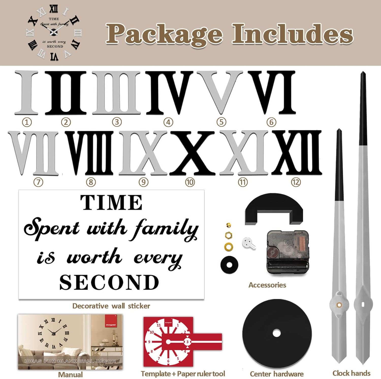 VANGOLD Large 3D DIY Wall Clock Roman Numerals Clock Frameless Mirror Surface Wall Sticker Home Decor for Living Room Bedroom