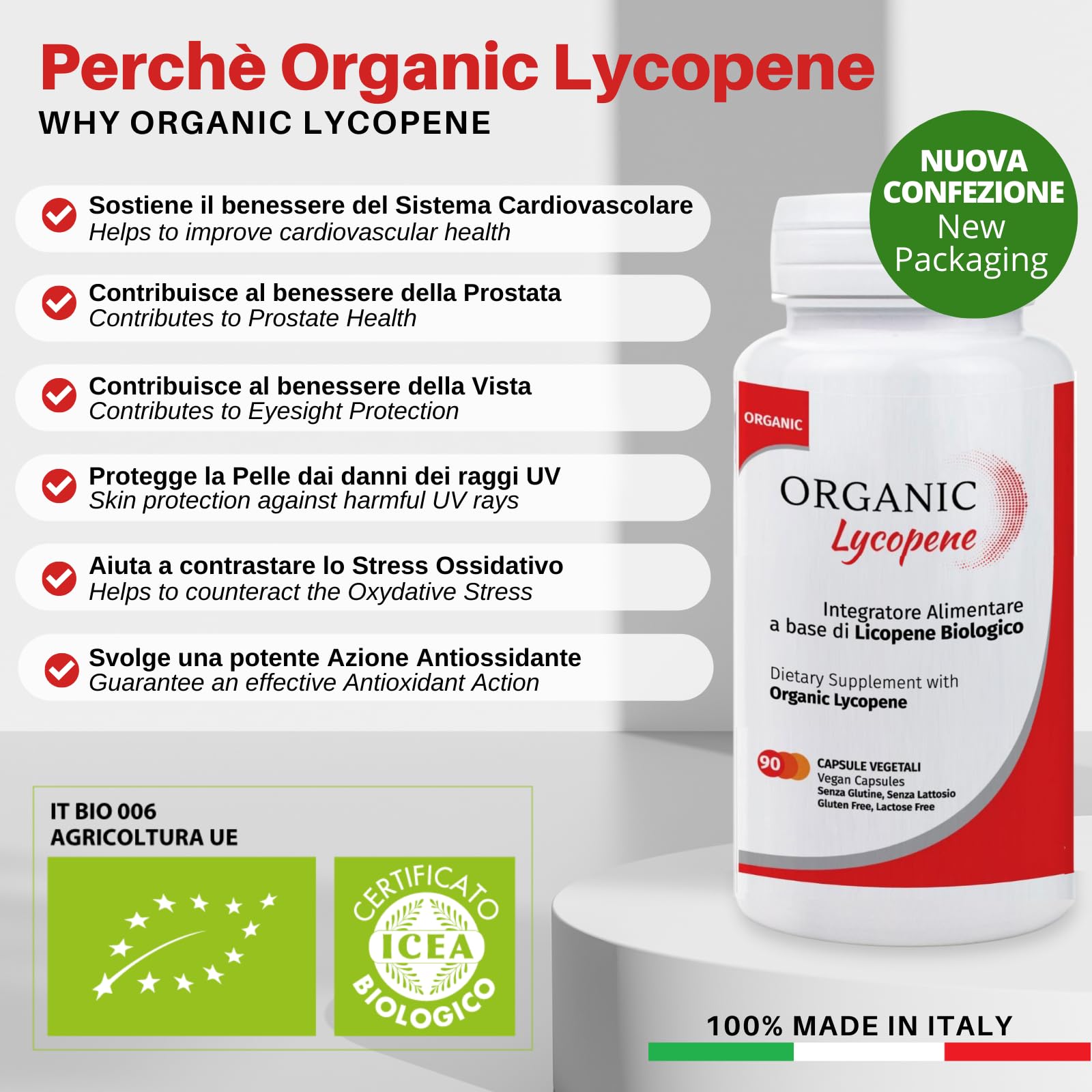 Organic Lycopene: suplemento antioxidante con licopeno orgánico certificado (bote de 90 cápsulas)