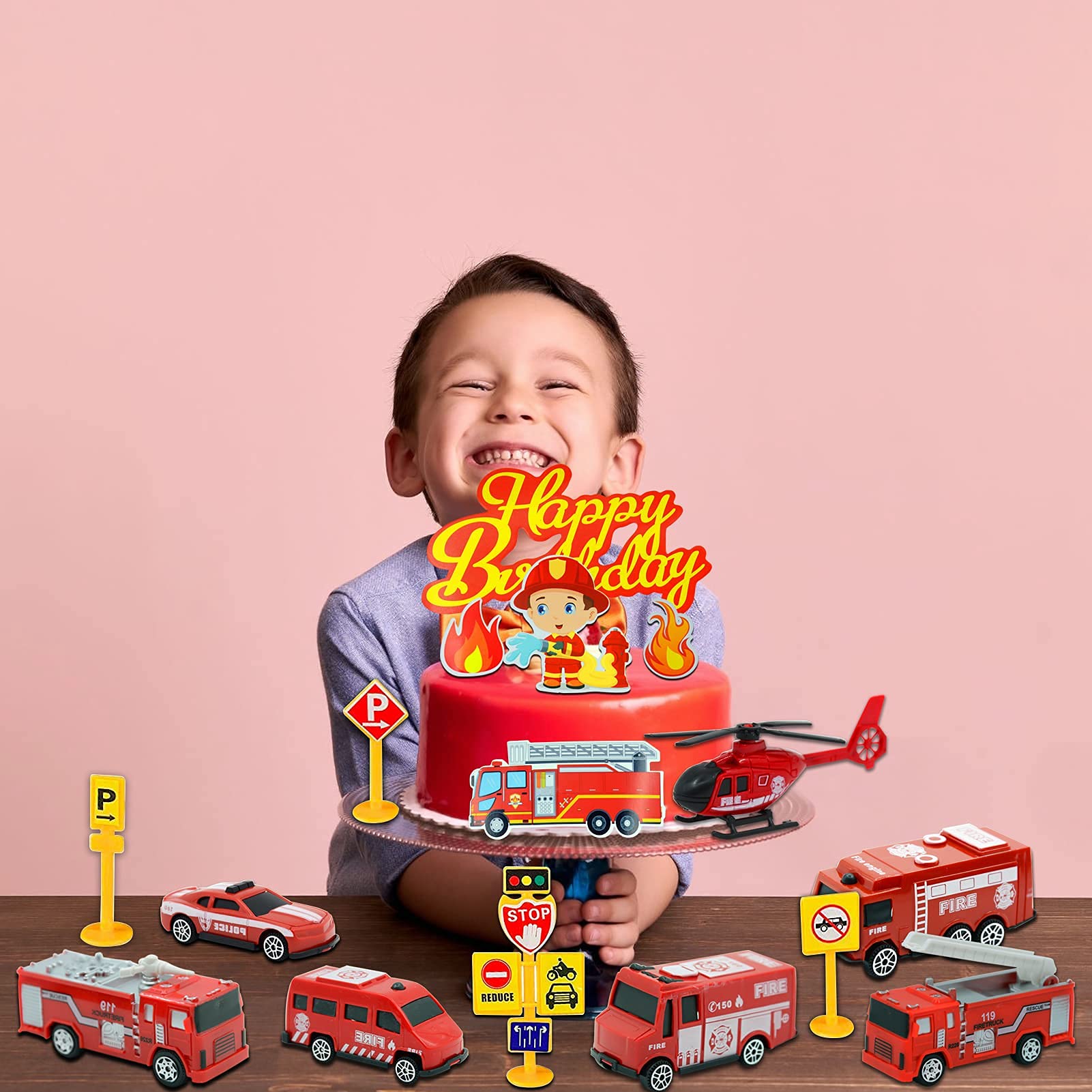 Jiuzcare 25 Pièces Décoration Gâteau Camion De Pompiers - Jouets Pompiers, Toppers Et Panneaux Signalisation Pour Anniversaire
