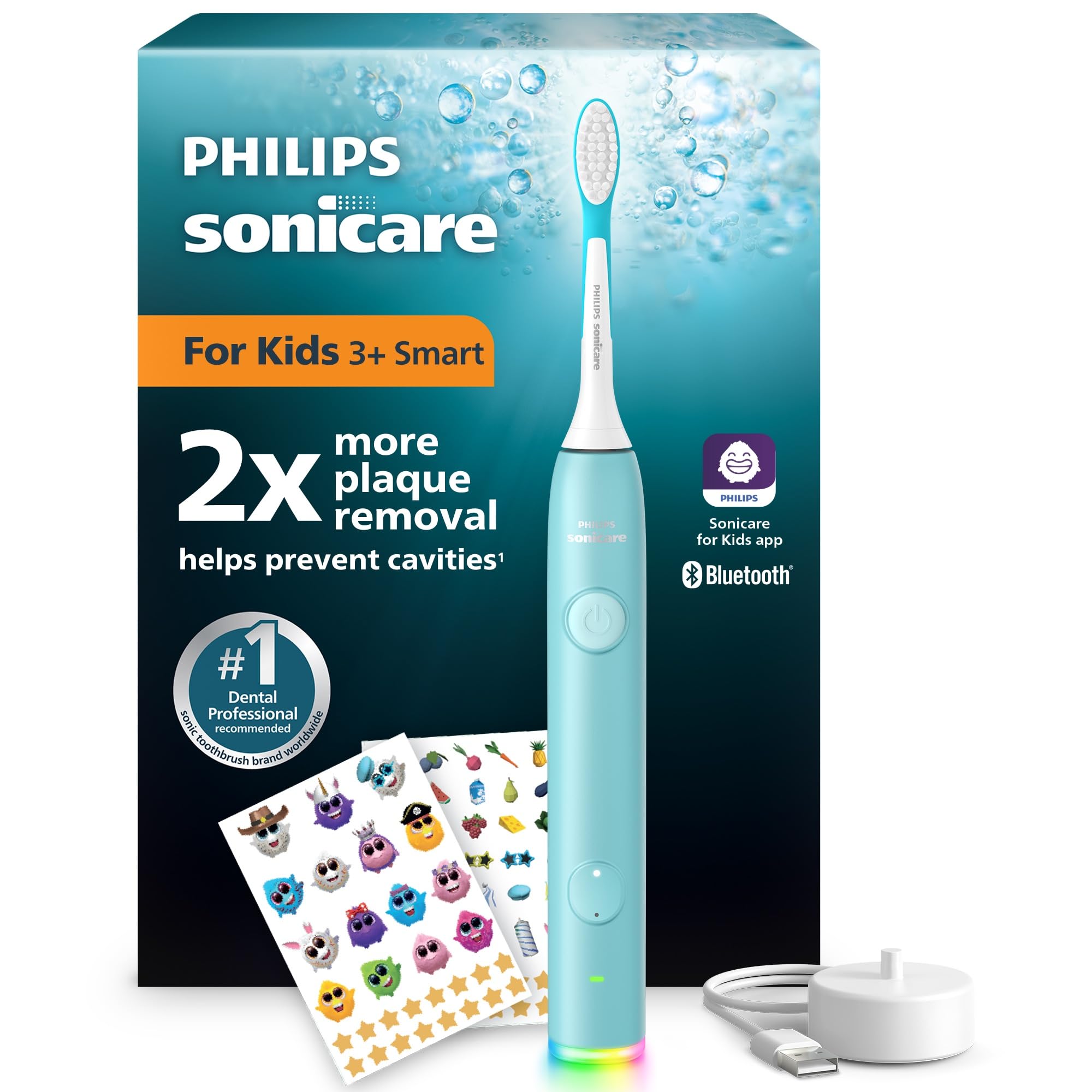 Philips Sonicare for Kids Smart elektrische Zahnbürste - Schallzahnbürste mit App, für Kinder 3+, 2 sanfte Putzprogramme, 2-Minuten-Timer, 2 Bürstenköpfe (Standard + Mini), Blaugrün, Modell HX6600/13