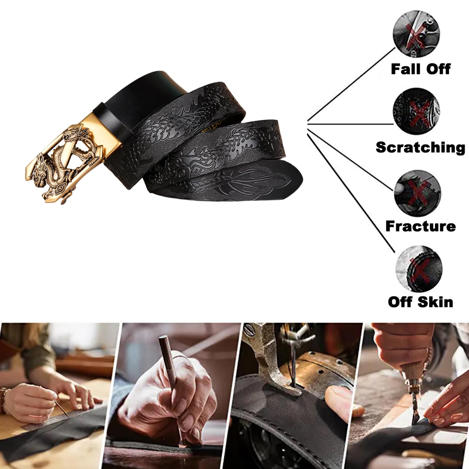 Cinturón De Cuero Con Trinquete Deslizante, Dragón Grabado En Relieve, Hebilla Automática Ajustable, Estilo Informal Neutro, Cintura 110 Cm/37", Negro