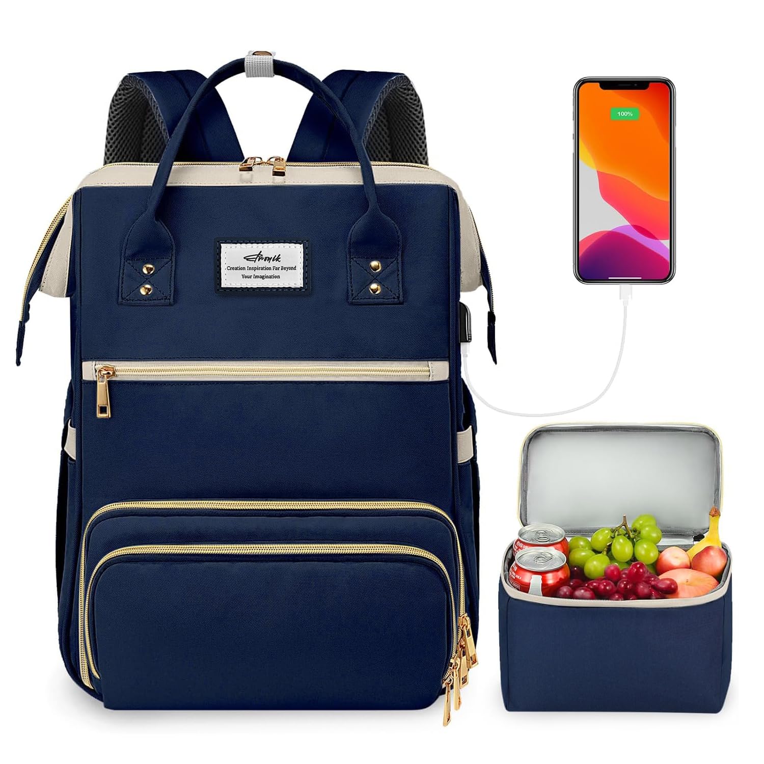 ETRONIK Lunch Backpack for Women, 15.6 Inch Laptop Backpack with USB Port, Stylish Nurse Backpack Teacher Work Bag with Insulated Cooler Lunch Box for Women Men/Travel, Blue