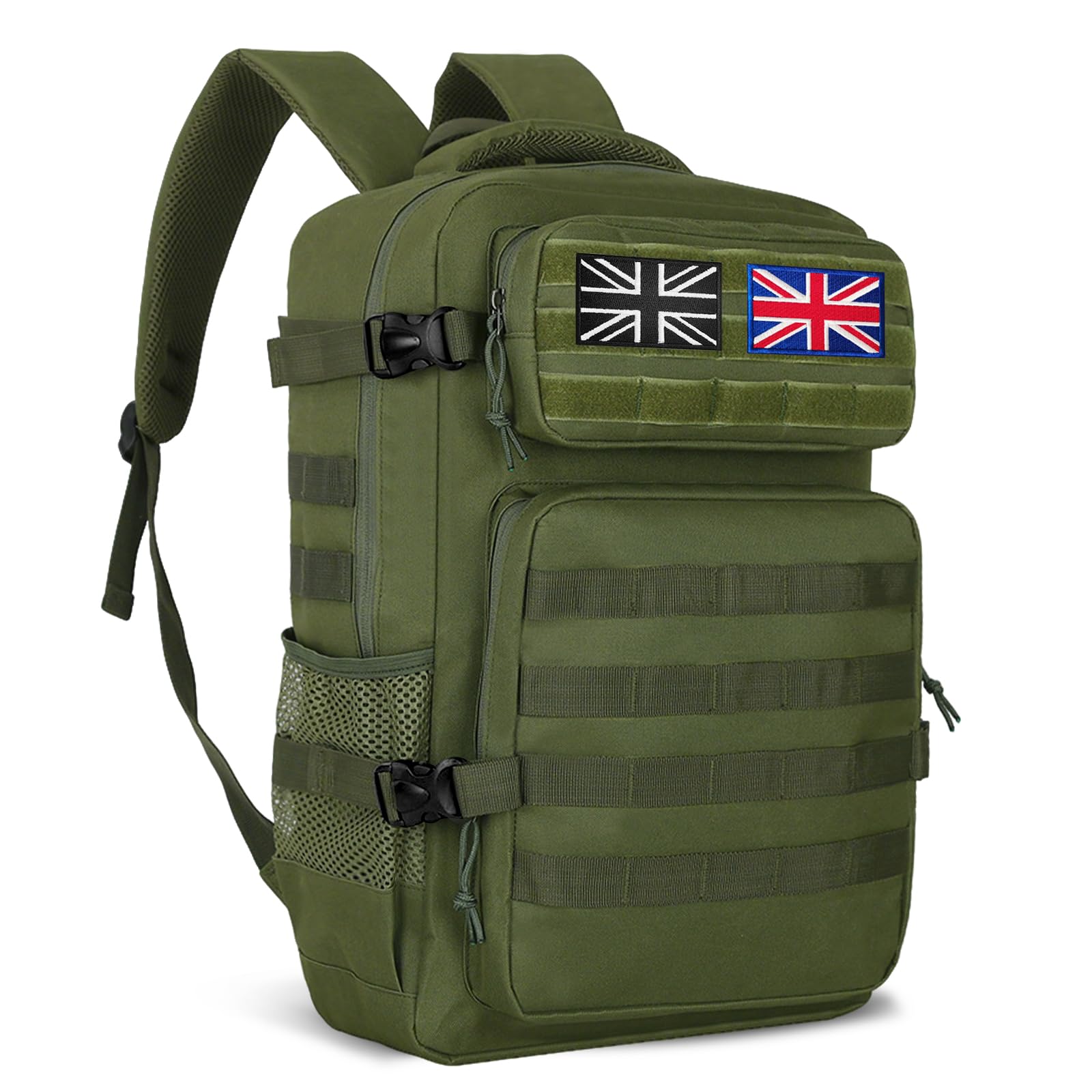 Lesbyit 36L Waterproof Tactical Backpack Hiking Backpack Military Backpack with Ventilated Straps, Multi-Compartment Camping Rucksack for Trekking, Travel & Outdoor – with 2 Flag Patches (Green)