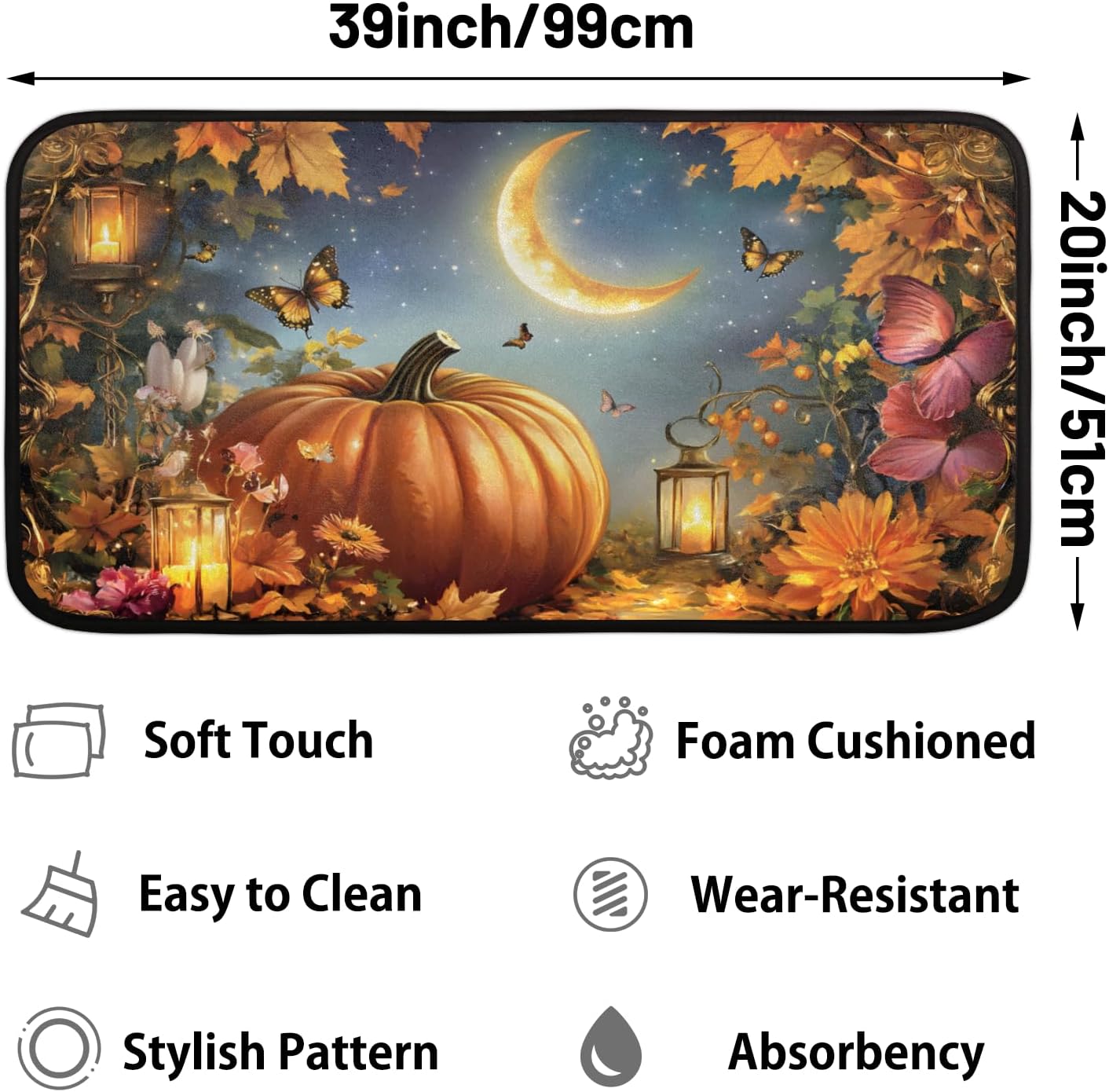 Doormat Autumn Pumpkins Butterfly Maple Leaf Anti-Slip Entrance Welcome Floor Door Mat Kitchen Rug Bath Rug Runner Doormat Carpet for Front Door Home Living Room Laundry Decor 39x20 in