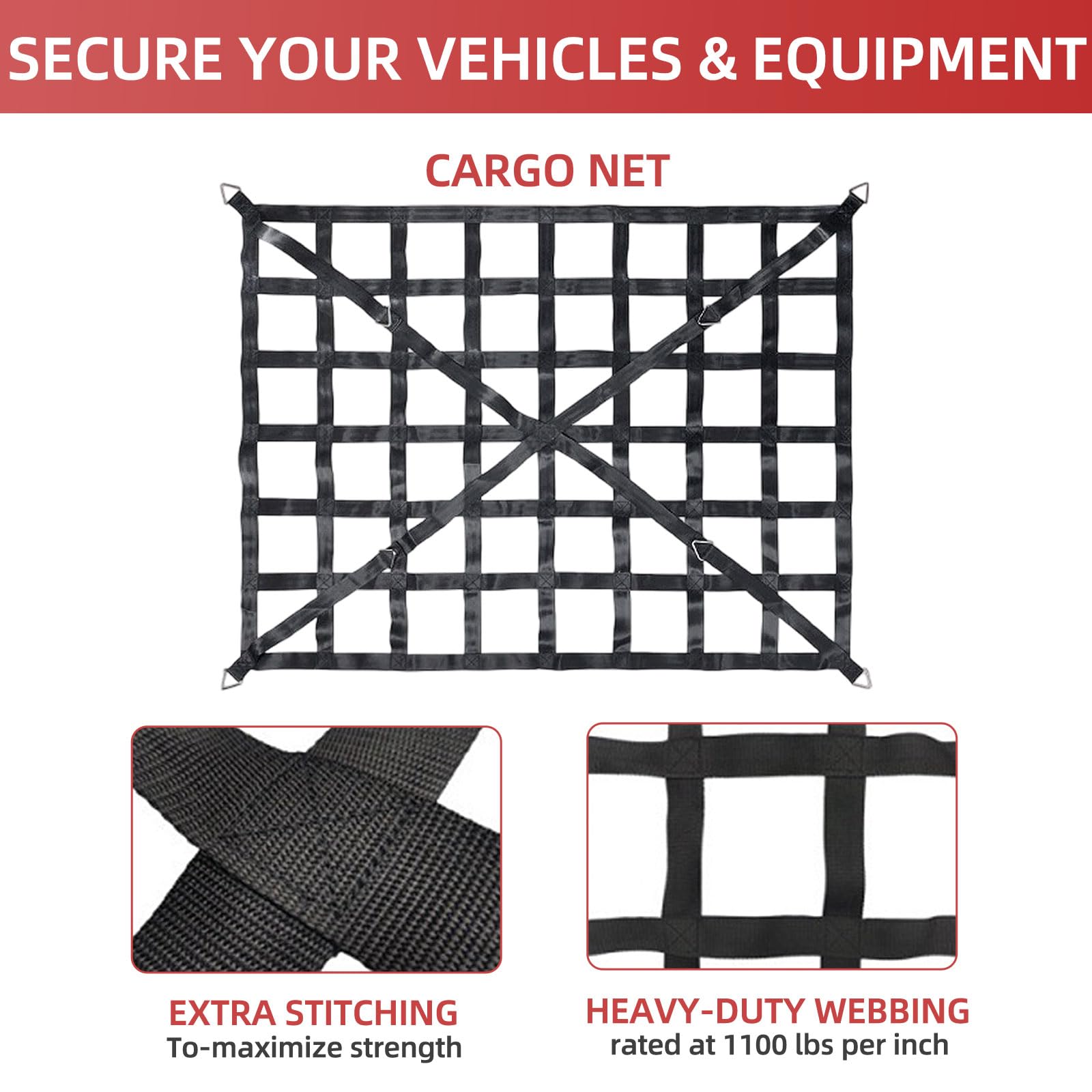 Gepäcknetz für LKW Pickup 167 * 127cm Ladeflächenetz Schwerlast Auto Anhängernetz, Heber Netz, Nylongurtband Heckklappennetz für Ladeboden Ladungssicherung mit verstellbaren Schnallengurten
