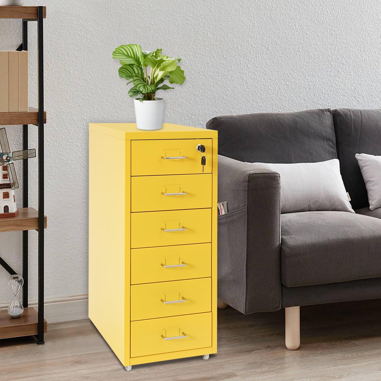 Armadietto mobile con 6 cassetti, con serratura, per ufficio | Contenitore da ufficio in acciaio, 8-10 kg per scomparto, per casa, ufficio, 28 x 41 x 69 cm, giallo