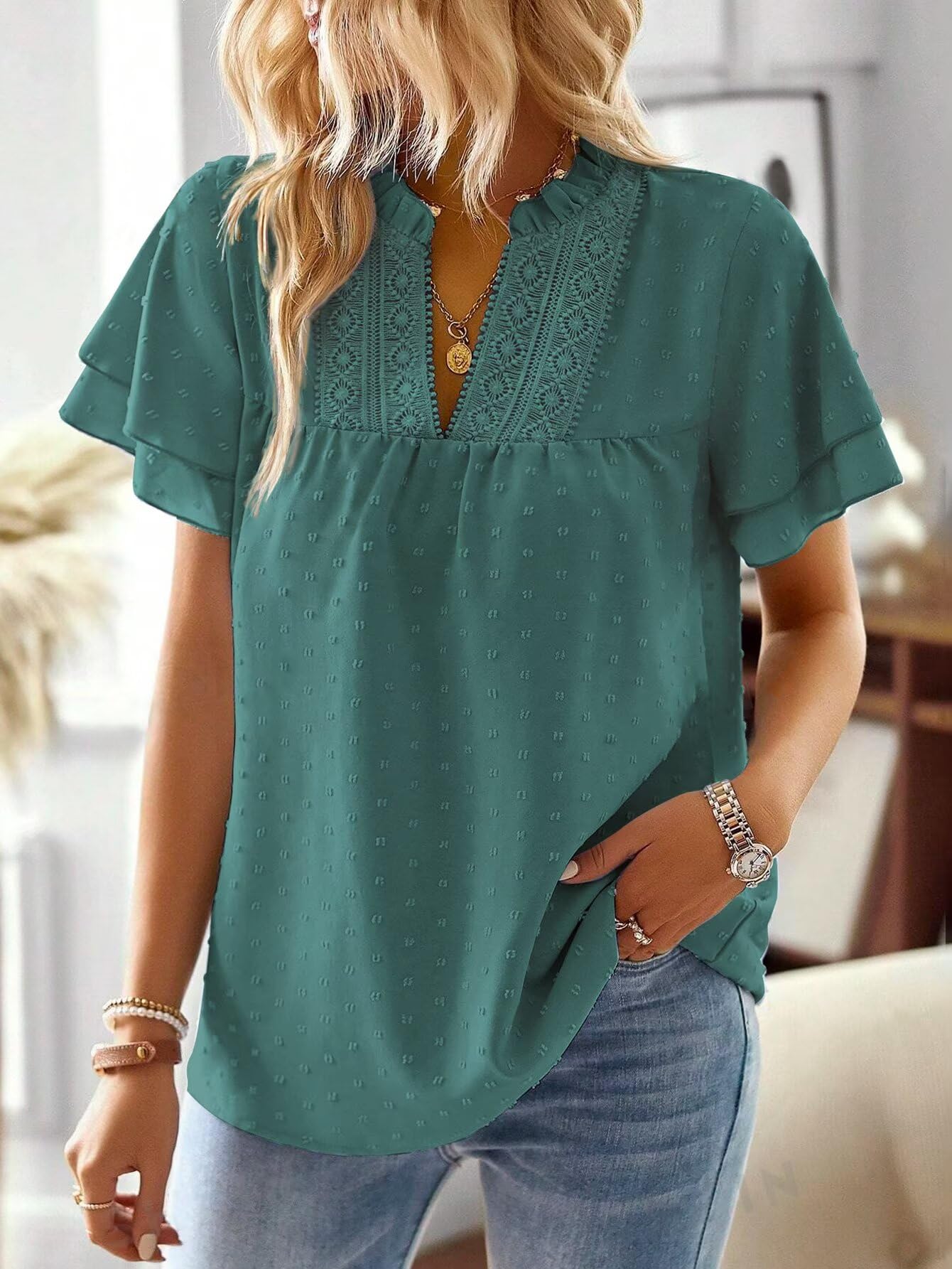 TUUHAW T Shirt Donna Elegante Manica Corta Magliette con Scollo a V Estiva Boho Camicia Casual Volant Abbigliamento Pizzo Top