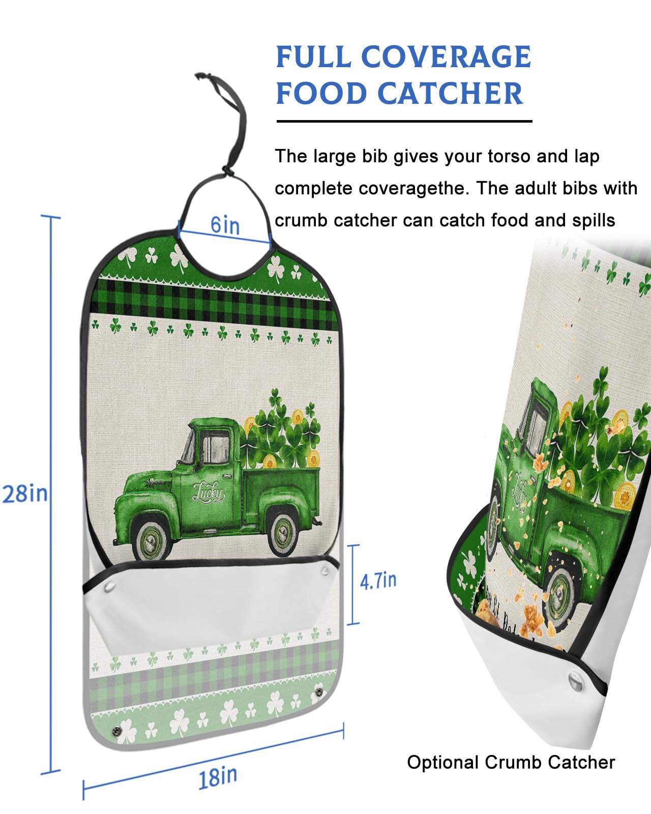 St. Patrick's Day Adult Bibs for Eating, Waterproof Bibs with Food Catcher & Adjustable Snap Closure, Green Checkered Truck Lucky Clover Gold Clothing Protectors Adult Bibs for Elderly Women/Men