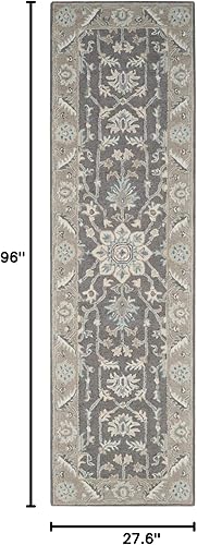 Miniatura 2 de SAFAVIEH Blossom Collection BLM217A - Alfombra de pasillo de lana prémium hecha a mano de 2 pies 3 pulgadas x 8 pies, color gris oscuro y marrón