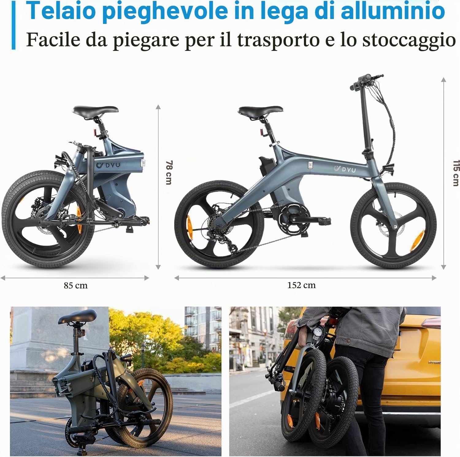 DYU T1 Bicicletta Elettrica Pieghevole 20 Pollici con Sensore di Coppia, Bici Elettrica con Batteria Rimovibile 36V 10Ah, Cambio a 7 Velocità, Ammortizzatore Sella, Portapacchi Posteriore