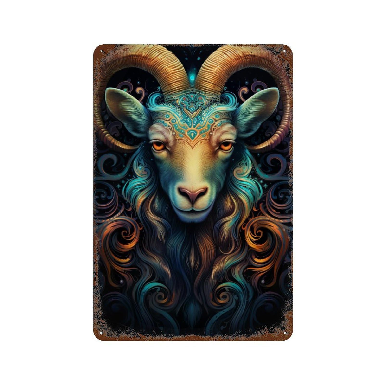 Ancient Zodiac Goat Art Print 11.8"x7.9" Distressed Metal Wall Sign, Shabby Chic Decor for Shed, Workshop And Garage Wall Decor