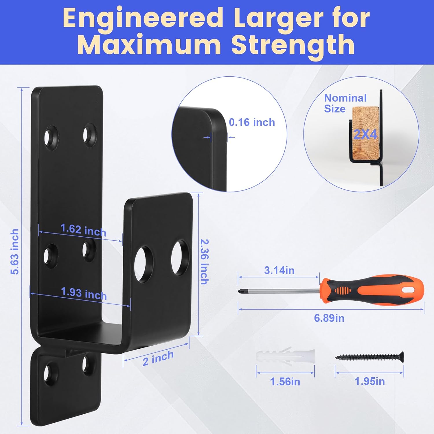 4 Pcs Heavy Duty Door Bracket 2x4 Door Barricade Bracket Security Bar Holder for 1-1/2 Inch Wide Wood, Extra Wide 2" Design with Triple-Isometric Row Screw Holes