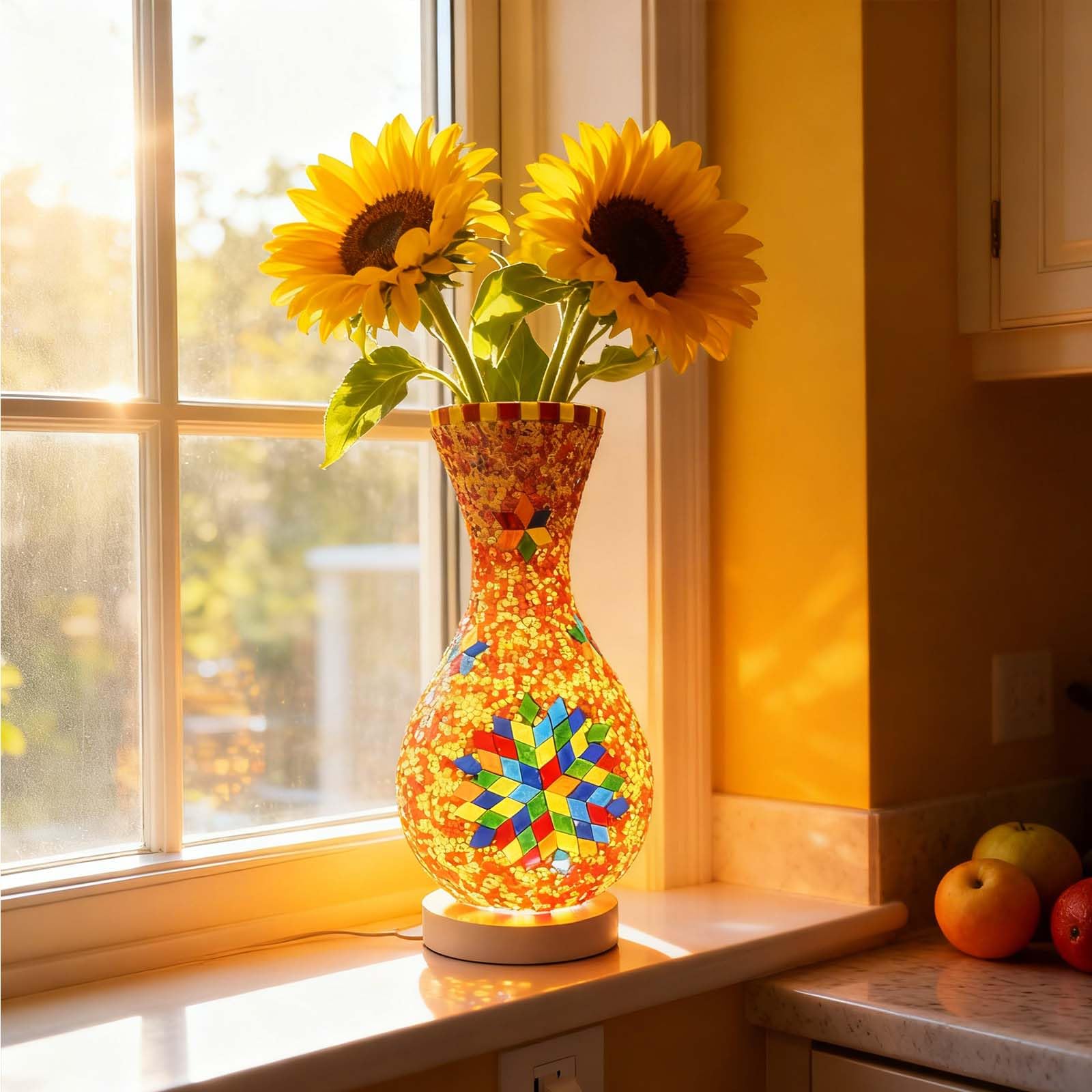 Fespcj Mosaic Vase Lamp Turkish Moroccan Table Lamp Colorful Handmade Glass Vase with Wood Base Can be Arranged with Flowers Decor Light for Bedroom Ambient Living Room Farmhouse（5.11in*11in）