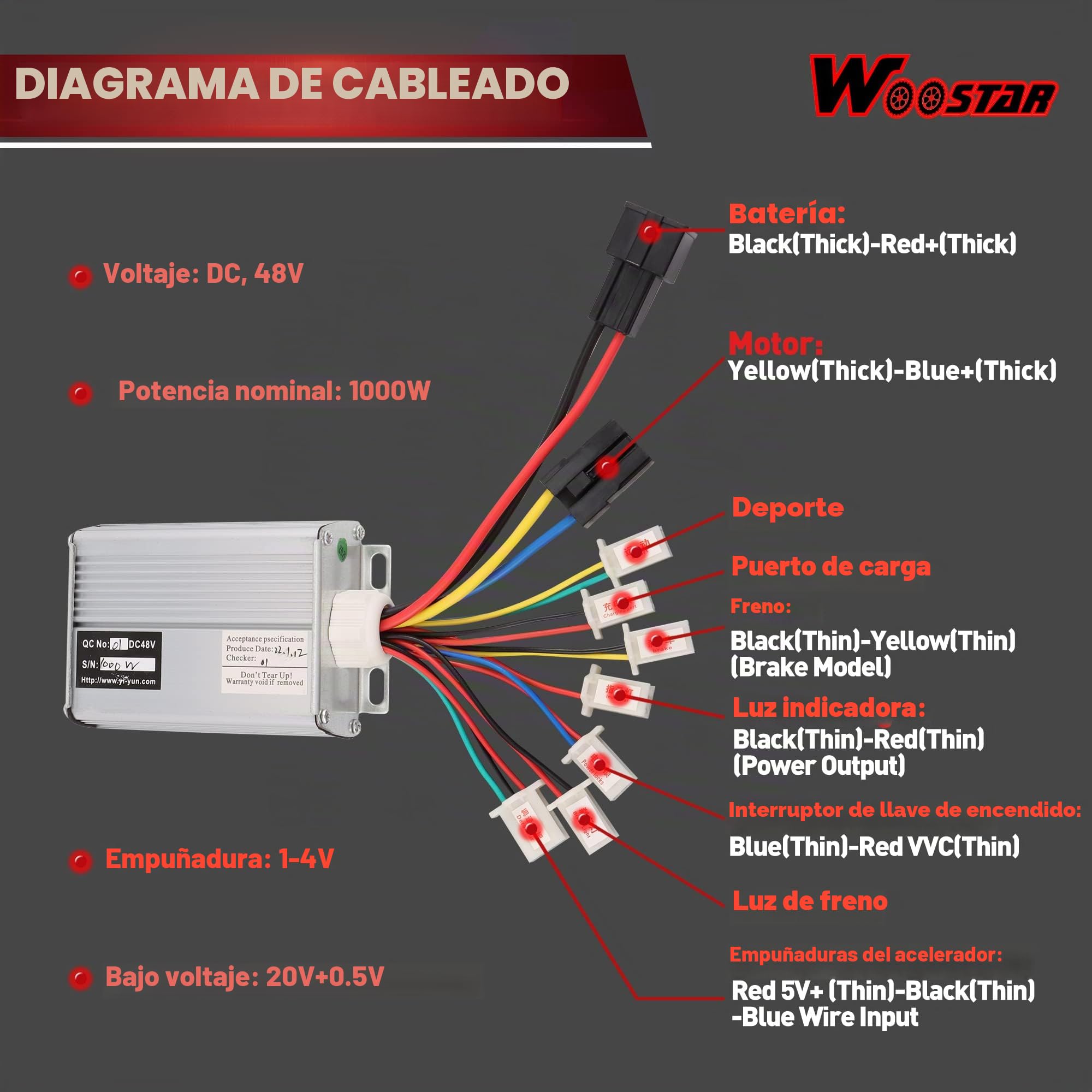 WOOSTAR Motocicleta Controlador de Velocidad 48V 1000W Reemplazo para Eléctrico Scooter E Bike Bicicleta Tricycle Brush