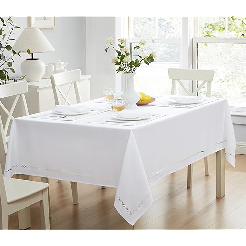 Newbridge Fabric Rectangle Tablecloth, 60 x 102 Inch, Provence Lattice Cutwork Solid Color Textured, Water and Stain Resistant Easy Care Fabric Table Cloth for Spring Parties, White
