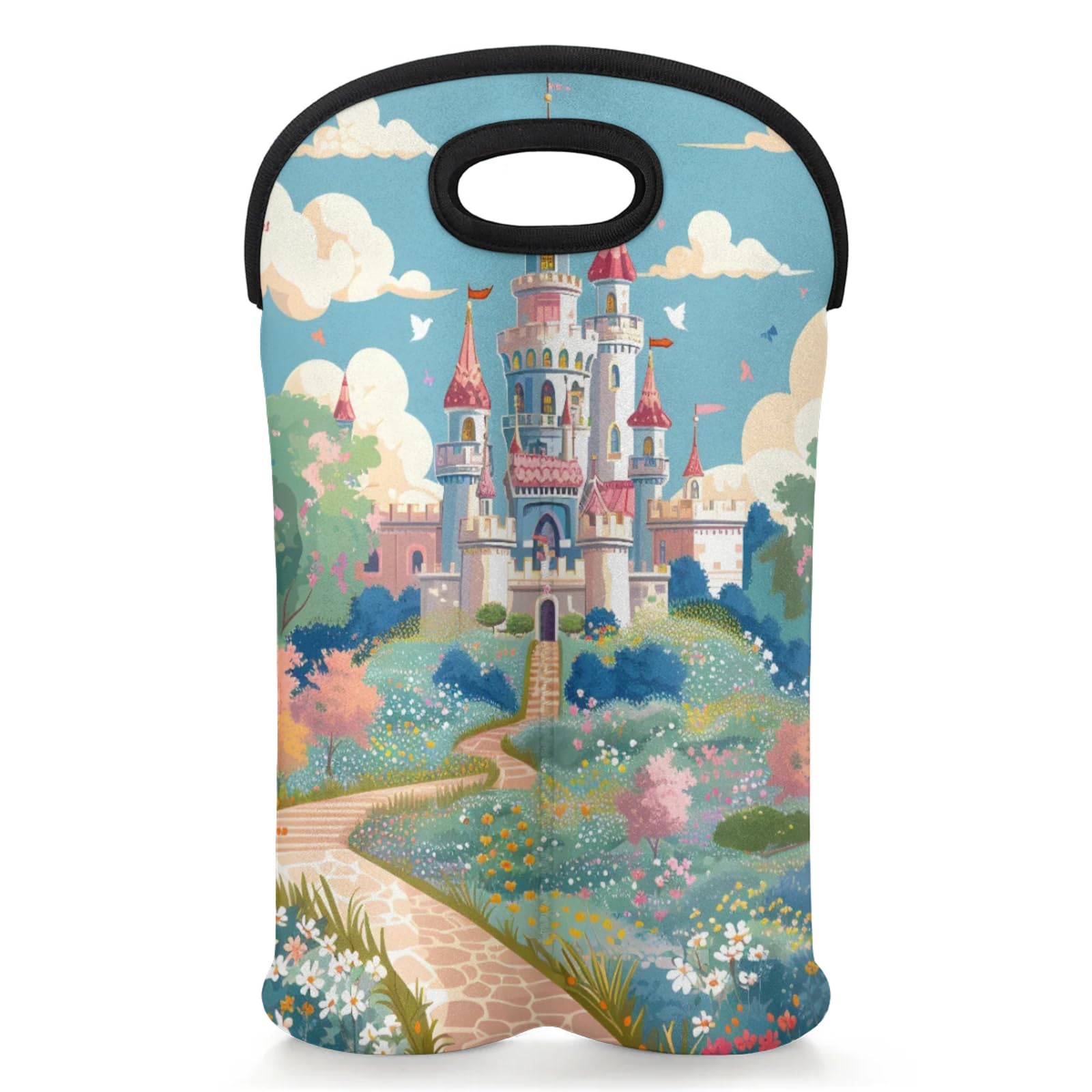 GzLeyigou 2 Bottles Beauty Castle Wine Bag Sleeve Totes Neoprene Protective Wine Carrier Bag for Wine,Water, Champagne, Beer, Baby Bottles,Gift 14.5 x 10 Inches