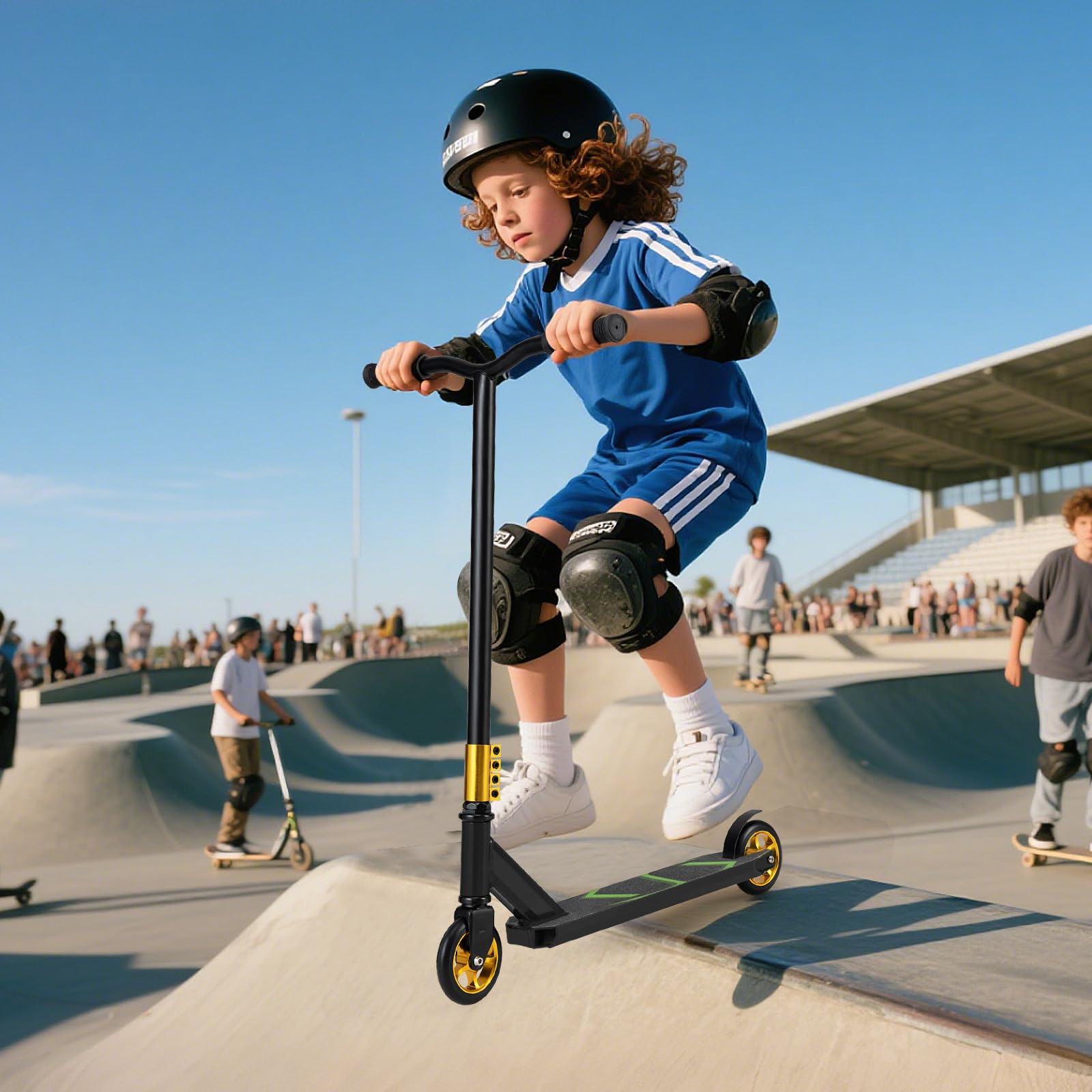 GYMAX Trottinette Freestyle Enfants 10 Ans+, Trottinette Acrobatique Pro, Barre en T en Métal Renforcée, Cadre en Métal Robuste, Plateau en Alliage Léger, Roulements ABEC-7, Capacité 100 Kg