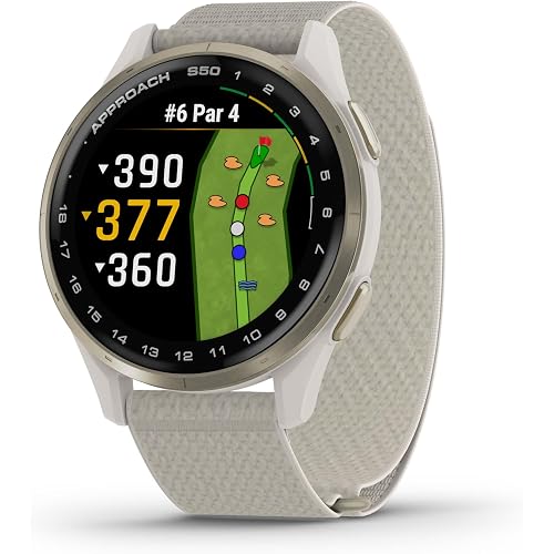 Garmin Approach® S50, Advanced Golf GPS Smartwatch, AMOLED Display, On-Course Features, Wrist-Based Heart Rate, Cream Gold Aluminum Bezel with Ivory ComfortFit Nylon Band