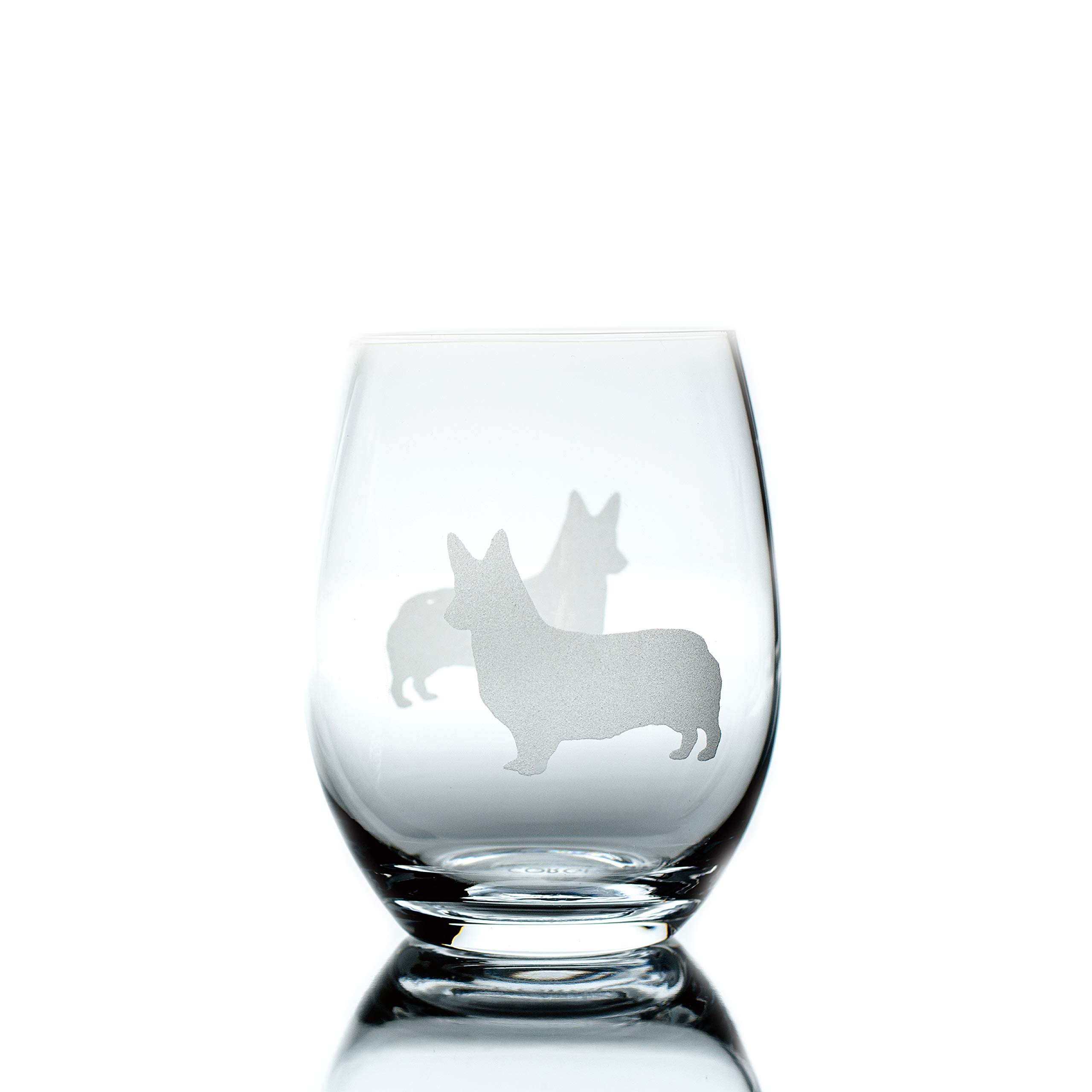 Corgi Stemless Wine Glass (One Glass) | Unique Gift for Dog Lovers | Hand Etched with Breed Name on Bottom