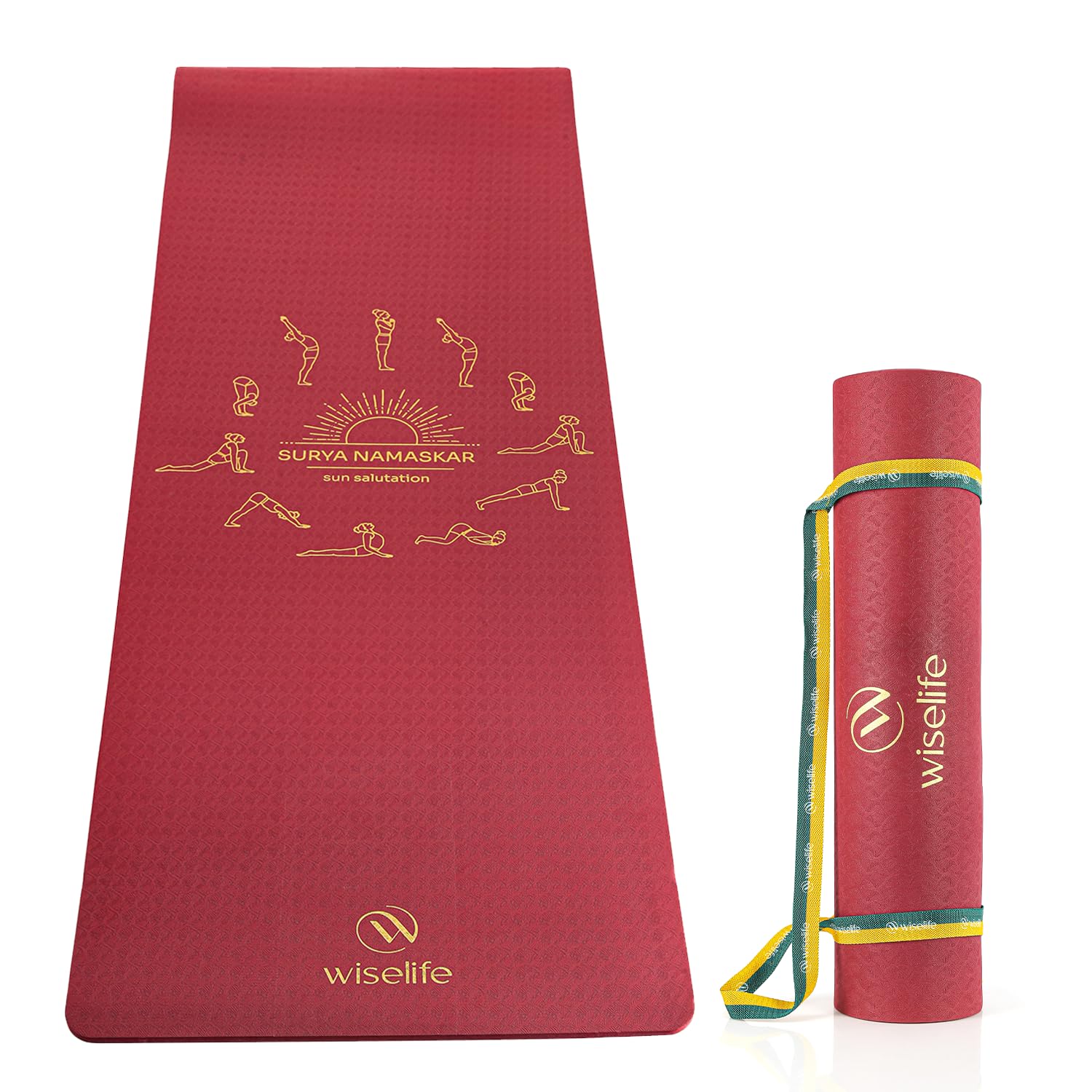 Wiselife tpe Printed 6MM Yoga Mat + Yoga Strap For Men, Women, Kids|Anti-Slip Extra thick, long & Wide Exercise Sports Mat For Workout, Fitness, Yoga, Gym, Home & Pilates (Wine Surya Namaskar)