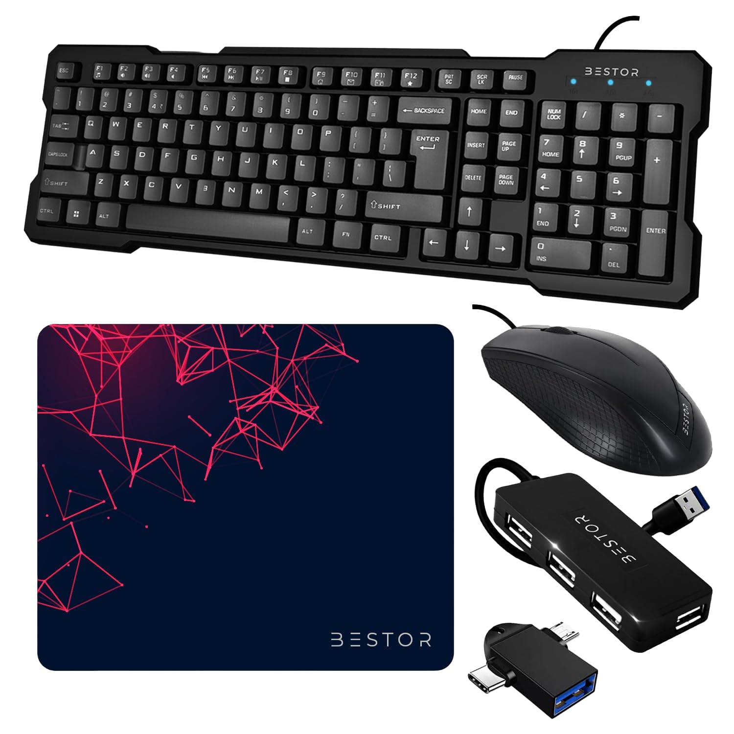 Bestor Set of 5 Combos of USB Wired Keyboard, Wired Mouse, Mouse Pad Base Waterproof, Type A to Type C OTG Adapter & 4 Port USB HUB for PC, Laptop, Computer