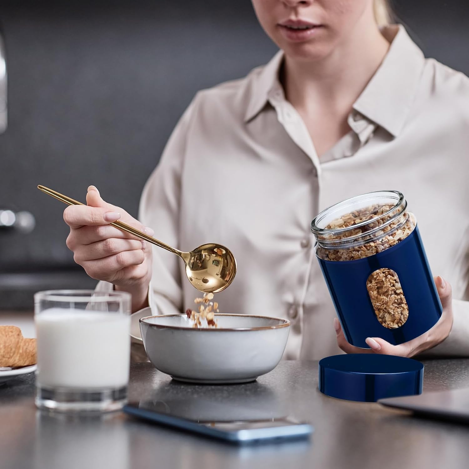 Mimorou 6 Pack Kitchen Canisters Set Airtight Coffee Sugar Tea Storage Jars with Window Glass Stainless Steel Containers with Lids for Flour Cookies Spices Grains Kitchen Decorations(Navy Blue,20 oz) - Image 3