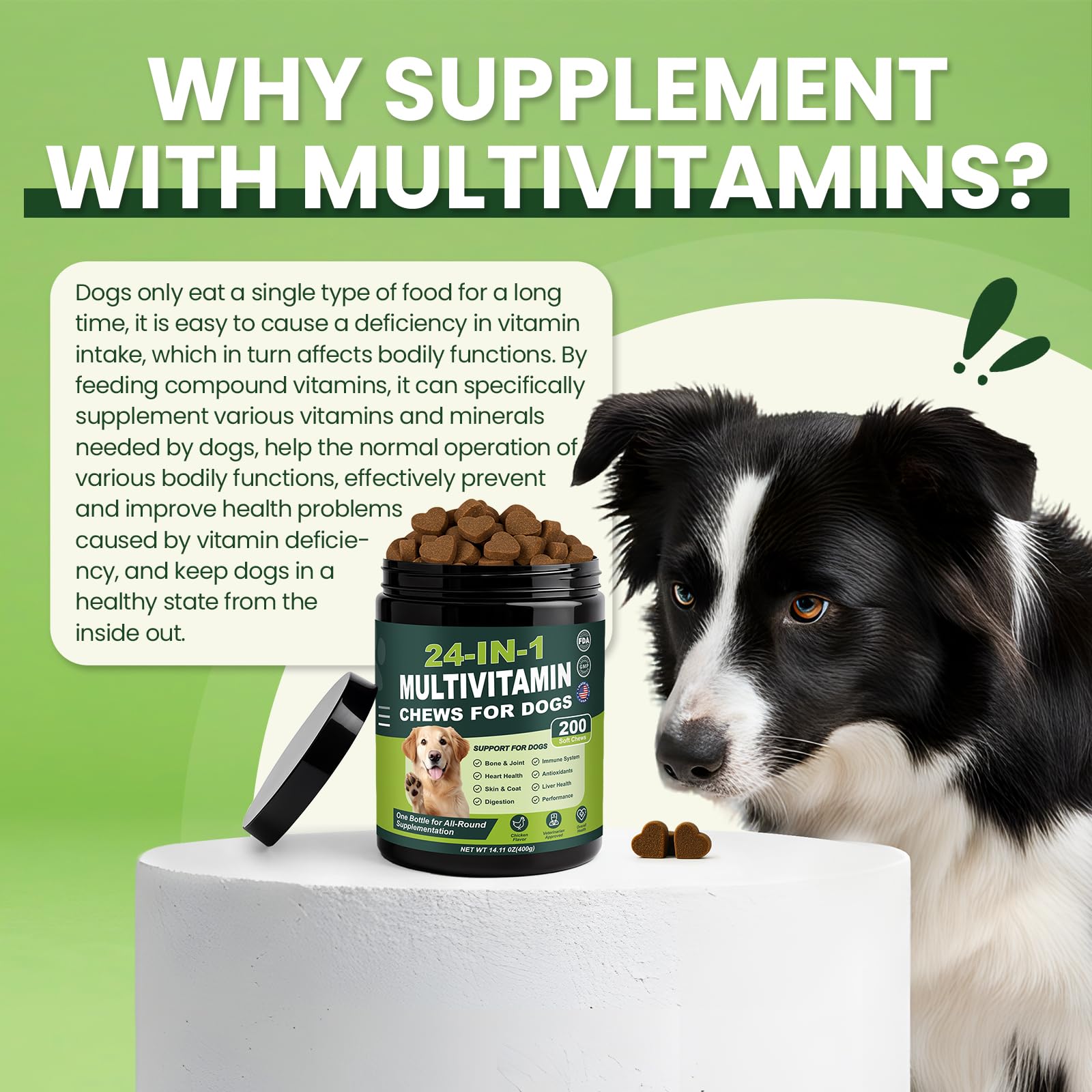 24-in-1 Dog Vitamins and Supplements 200 Ct Multivitamin for Dogs Chewable Contain Glucosamine Chondroitin Probiotics Omega-3 for Skin Coat,Hip & Joint,Heart,Liver,Brain,Eyes - Chicken Flavor - image 4