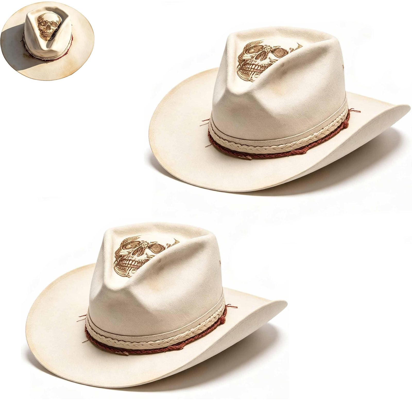 Cappello da Cowboy con Teschio Hellfire Bianco Avorio, Cappello da Cowboy Western Vintage Invecchiato con Fascia per Cappelli con Teschi per Rodeo, Concerto Country