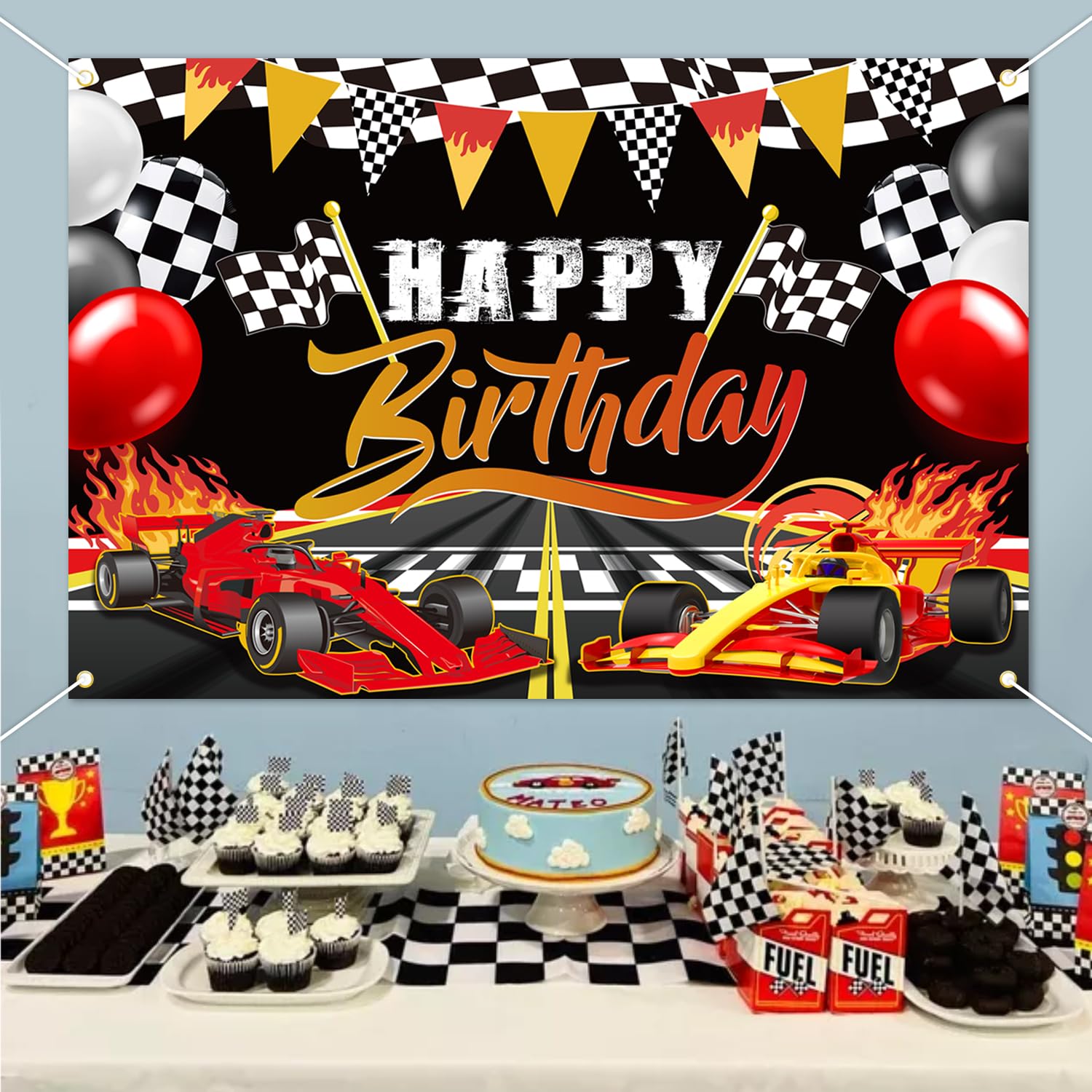 JOYMEMO Decorazioni vintage per 3° compleanno per ragazzi - Palloncini auto da corsa Kit ghirlanda ad arco con sfondo Can't Catch Me I'm Three, Palloncino numero 3, bandiere a scacchi per tre