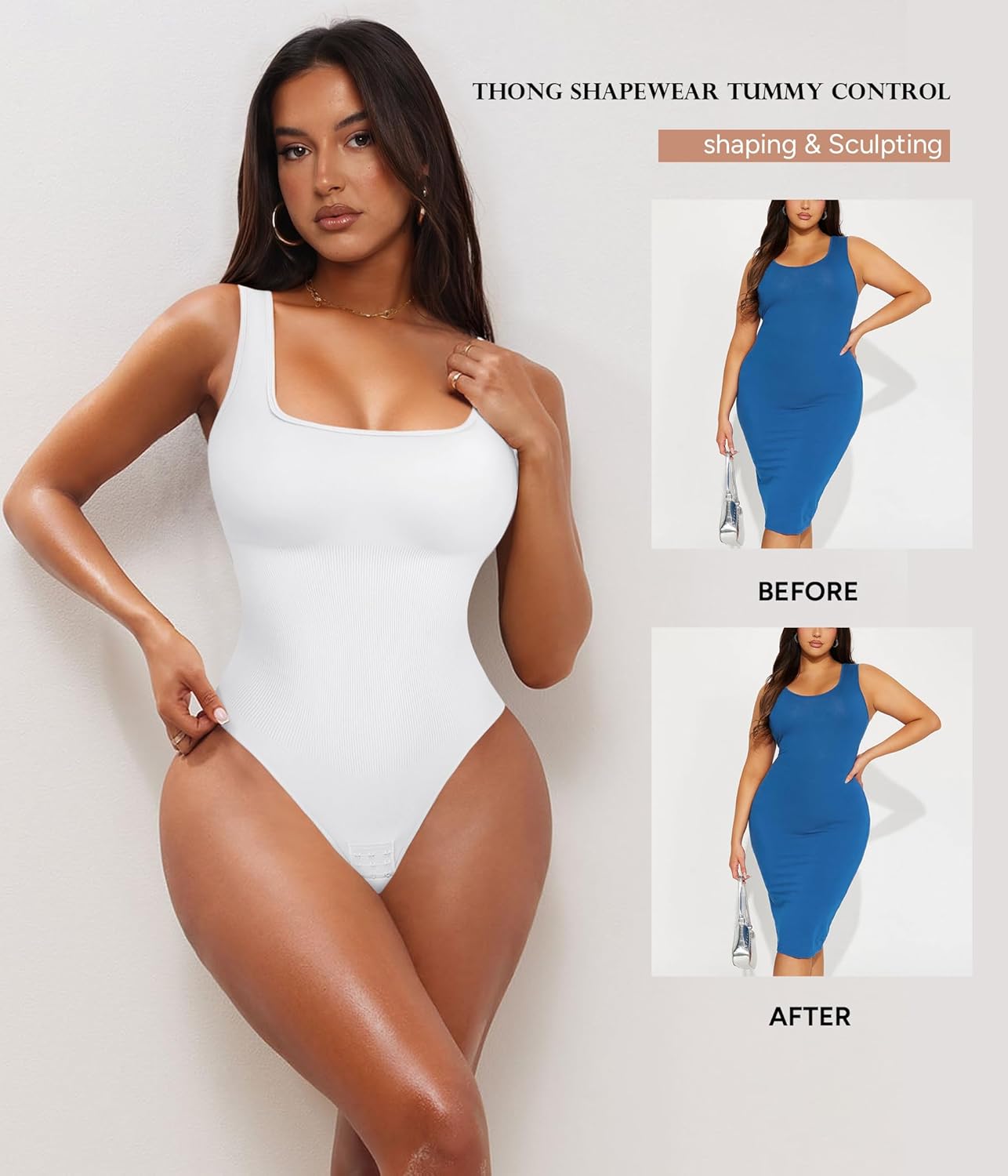 Shapewear Bodysuits for Women : Thong Shapewear Tummy Control Body Shaper Square Neck Body Suits Tank Top - Image 7