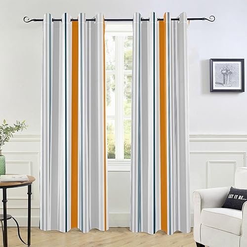 Cortinas opacas con rayas grises y azules, naranjas y grises, cubierta de ventana de 84 pulgadas para dormitorio y sala de estar, cortinas