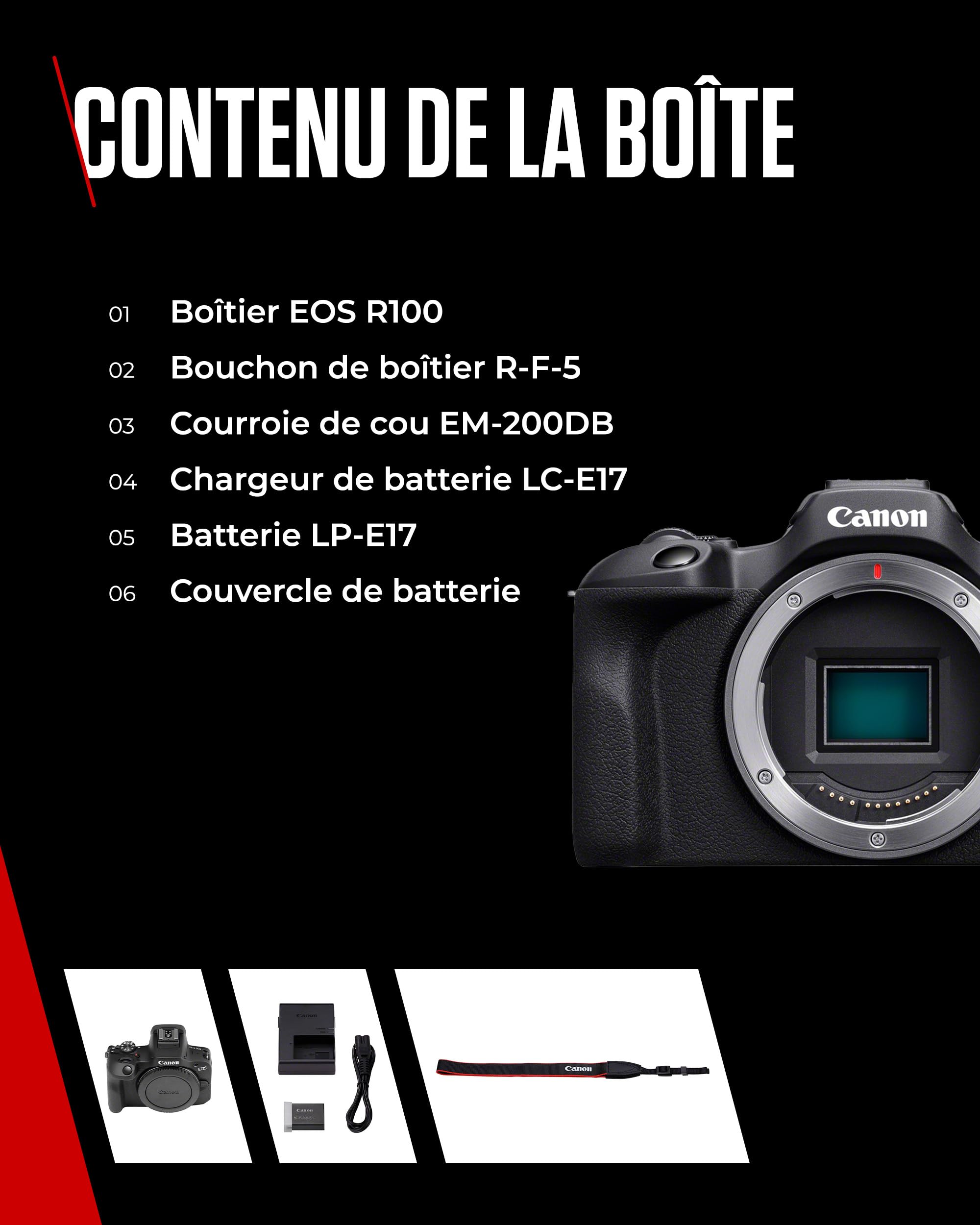 Canon EOS R100 Appareil Photo Hybride Compact à capteur APS-C stabilisé 24M Pixels, Vidéo 4K, Wi-FI, AutoFocus Dual Pixel, boitier Nu Noir