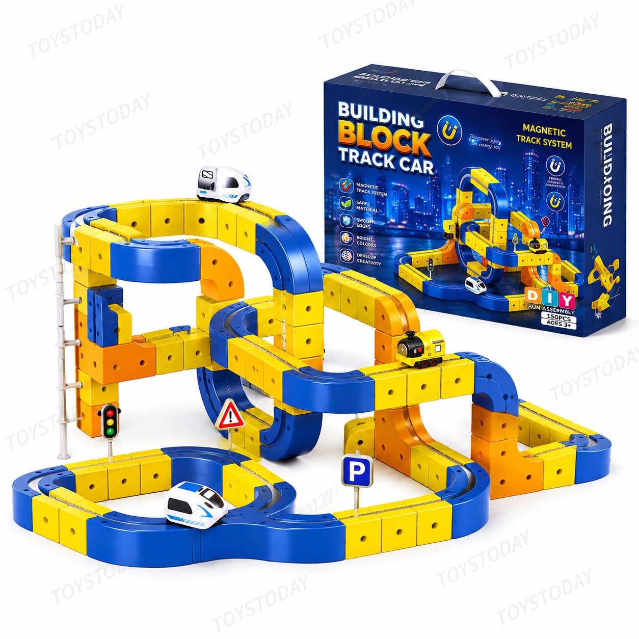 TOYSTODAY Magnetic Building Block Track Car Set for Kids 3+ | DIY Construction Race Track Toy with Magnetic Blocks & Track Cars | STEM Learning Educational Toy Gift for Boys & Girls (150 PCS)-image-39