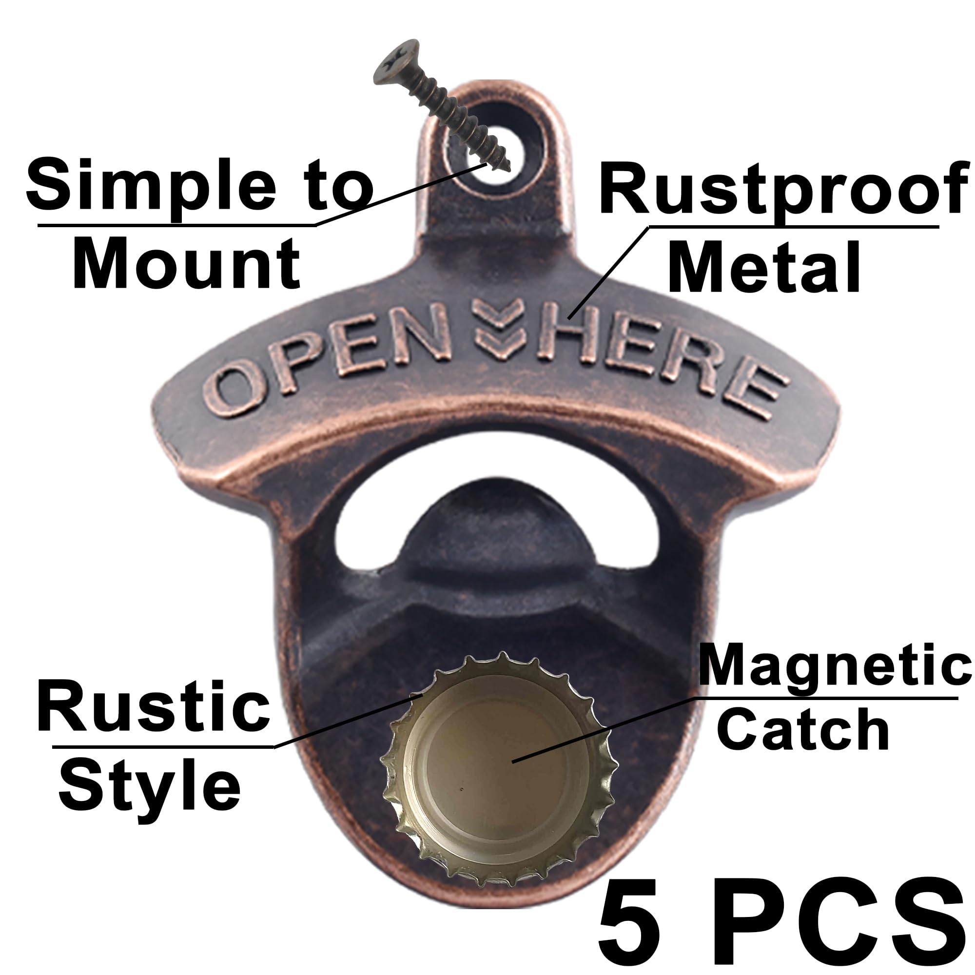 Magnetischer Bierflaschenöffner aus Edelstahl, zur Wandmontage, mit magnetischem Kappenfänger, eingebaut, rustikal, für Bierliebhaber, 5 Packungen (antikes Kupfer)