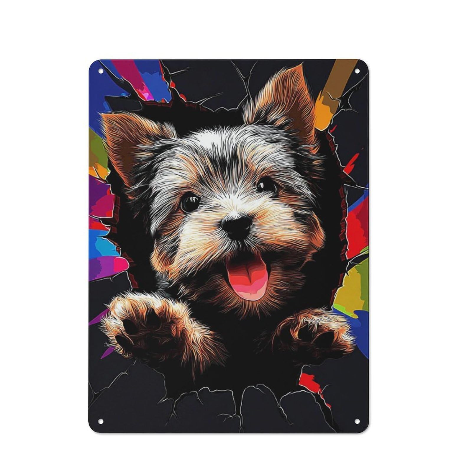 Junmoney Happy Puppy Breaking Through Colorful Backgro Und Retro Metal Sign 40X30cm For Lounge Or Reading Corner, For An Autumn Wall Display In Lounge And Reading Corner