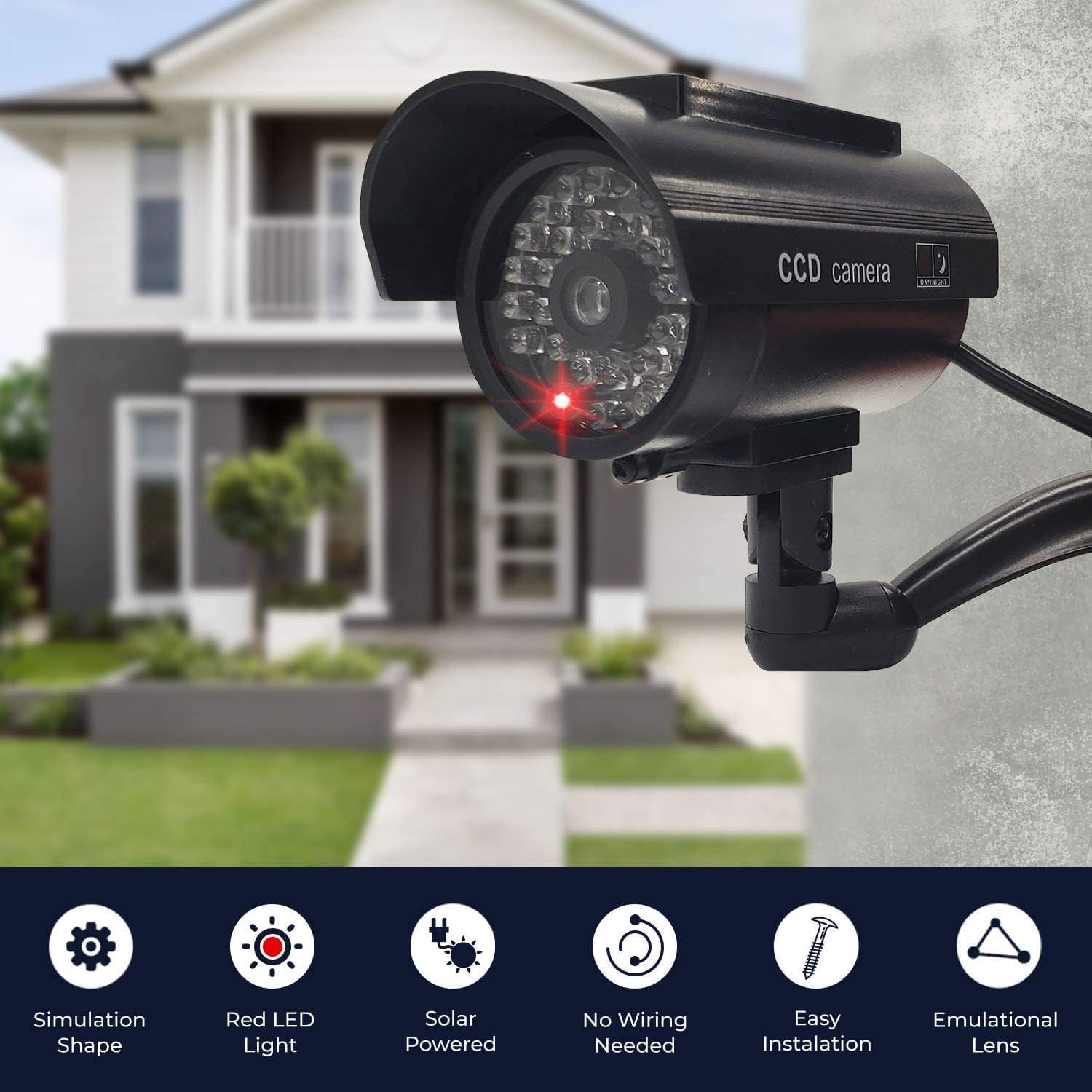 Telecamera di sorveglianza a energia solare, manichino, con luce LED e rotazione a 360°, resistente alle intemperie, per esterni e interni, con adesivo di avvertimento e viti