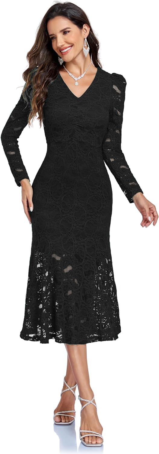 Women's Lace Long Sleeve Mermaid Dress V Neck Cocktail Wedding Guest Ruffle Formal Dresses - Image 4