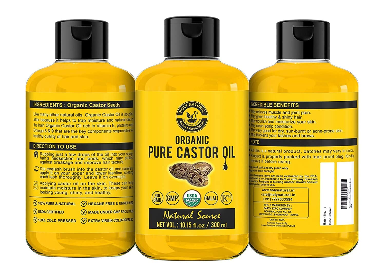 Holy Naturalny organiczny olej rycynowy (300 ml) certyfikat USDA tłoczony na zimno, 100% czysty, bez GMO, bez obróbki cieplnej, olej rycynowy bez heksanu - nawilżający i leczniczy, do suchej skóry, porost włosów