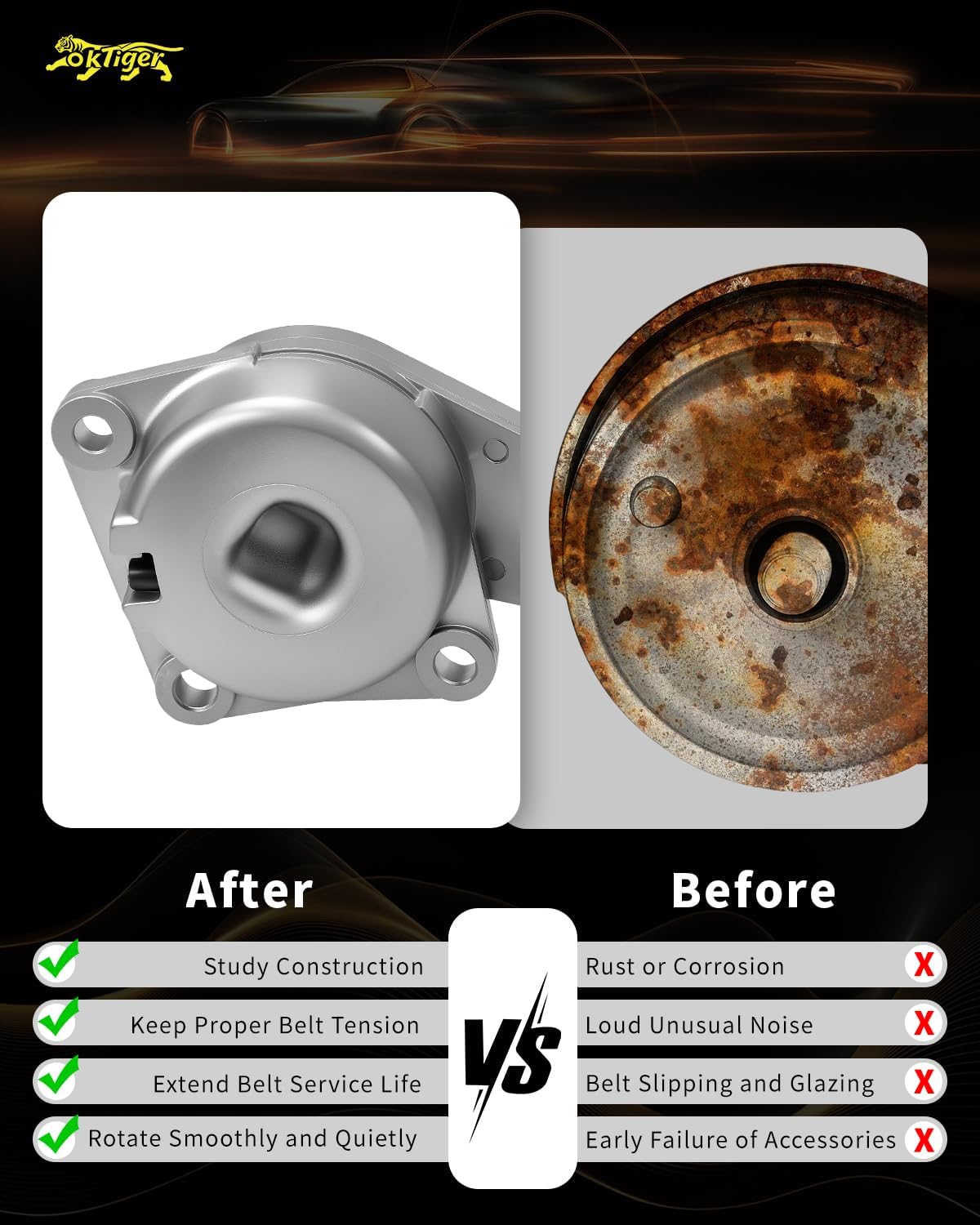 Oktiger Belt Tensioner Assembly with Pulley Fit for Ford F150 E150 E250 E350 for Expedition for Mustang for Lincoln Navigator 02-11 for Mercury Mountaineer 4.6L 5.4L 6.8L OE# 1L2E6B209AA,38274